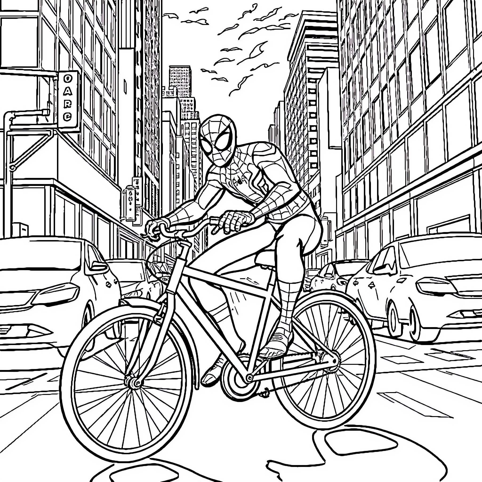 Spiderman biking through the bustling city streets Coloring Page (free black-and-white line drawing printable PDF for all, from beginners to advanced learners, including children, teens, adults, and seniors)