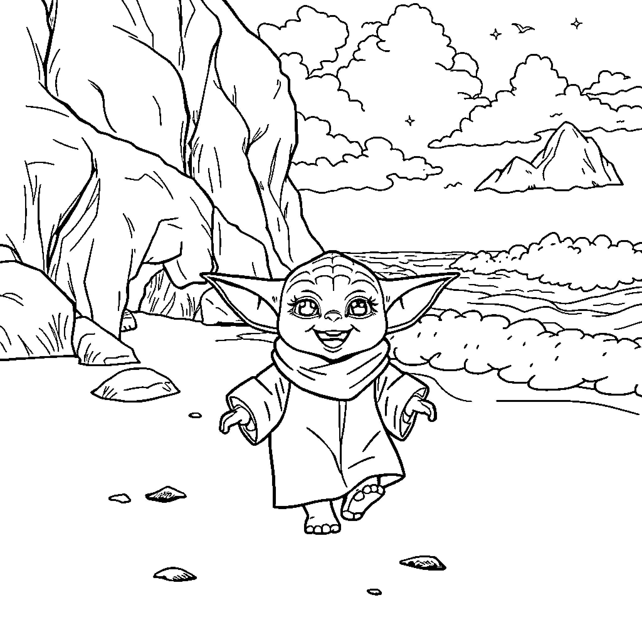 Baby Yoda exploring the enchanting landscape Coloring Page (free black-and-white line drawing printable PDF for all, from beginners to advanced learners, including children, teens, adults, and seniors)