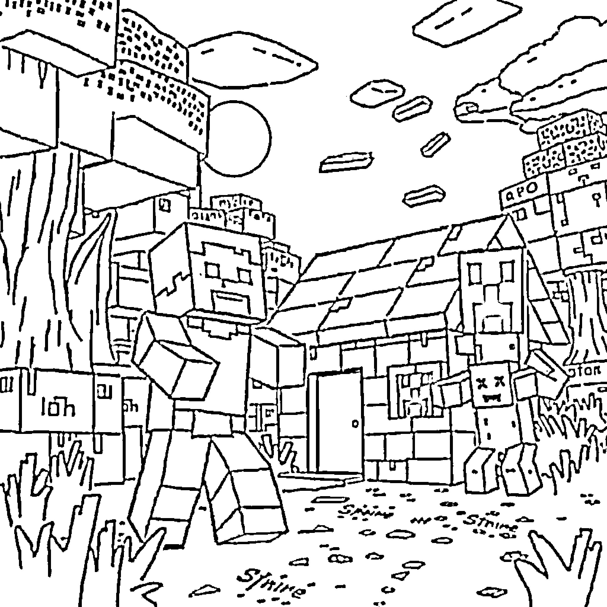Minecraft Character exploring a fantastical landscape Coloring Page (free black-and-white line drawing printable PDF for all, from beginners to advanced learners, including children, teens, adults, and seniors)
