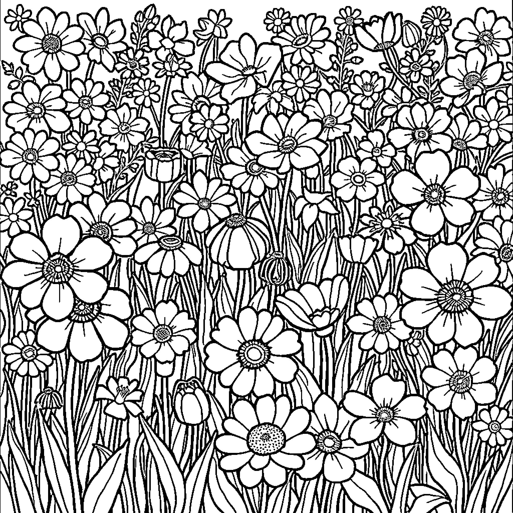Flower field filled with beautiful blooms Coloring Page (free black-and-white line drawing printable PDF for all, from beginners to advanced learners, including children, teens, adults, and seniors)