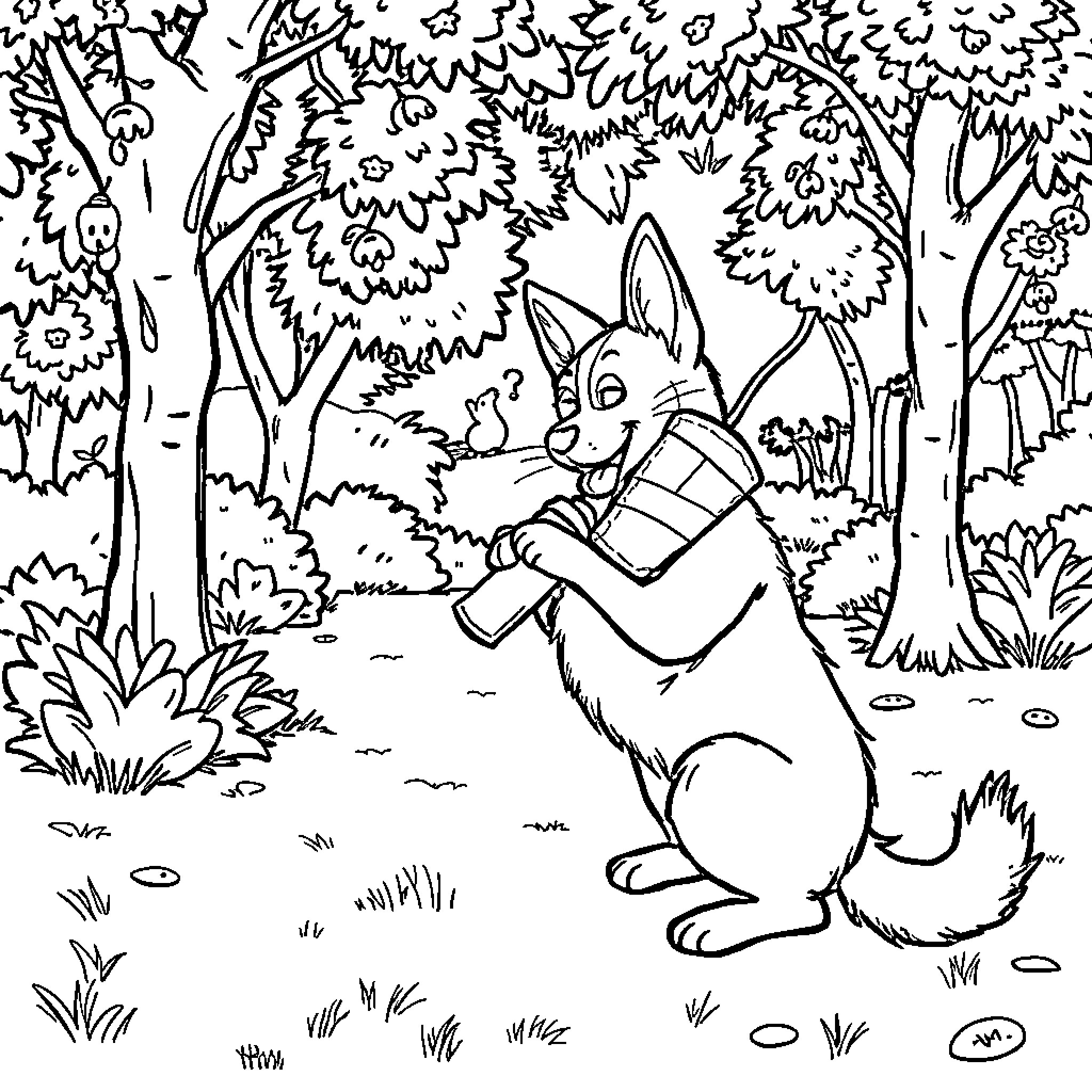 Dog with backpack exploring the forest Coloring Page (free black-and-white line drawing printable PDF for all, from beginners to advanced learners, including children, teens, adults, and seniors)