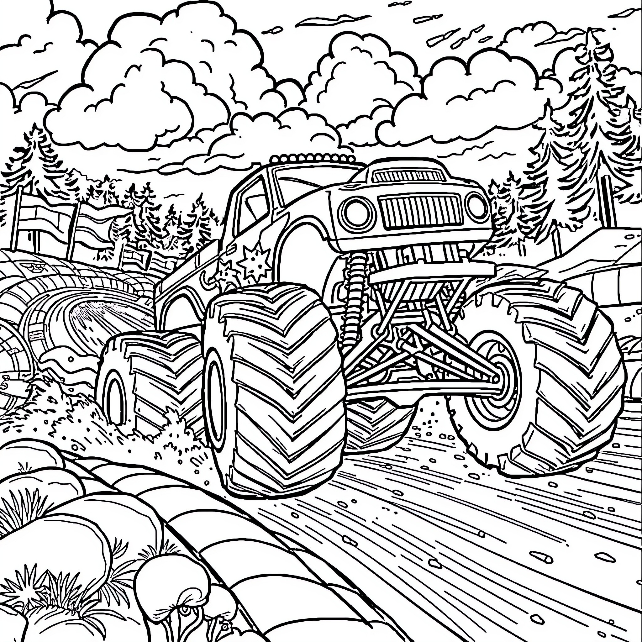 Monster Truck Navigating Rugged Terrain Coloring Page (free black-and-white line drawing printable PDF for all, from beginners to advanced learners, including children, teens, adults, and seniors)