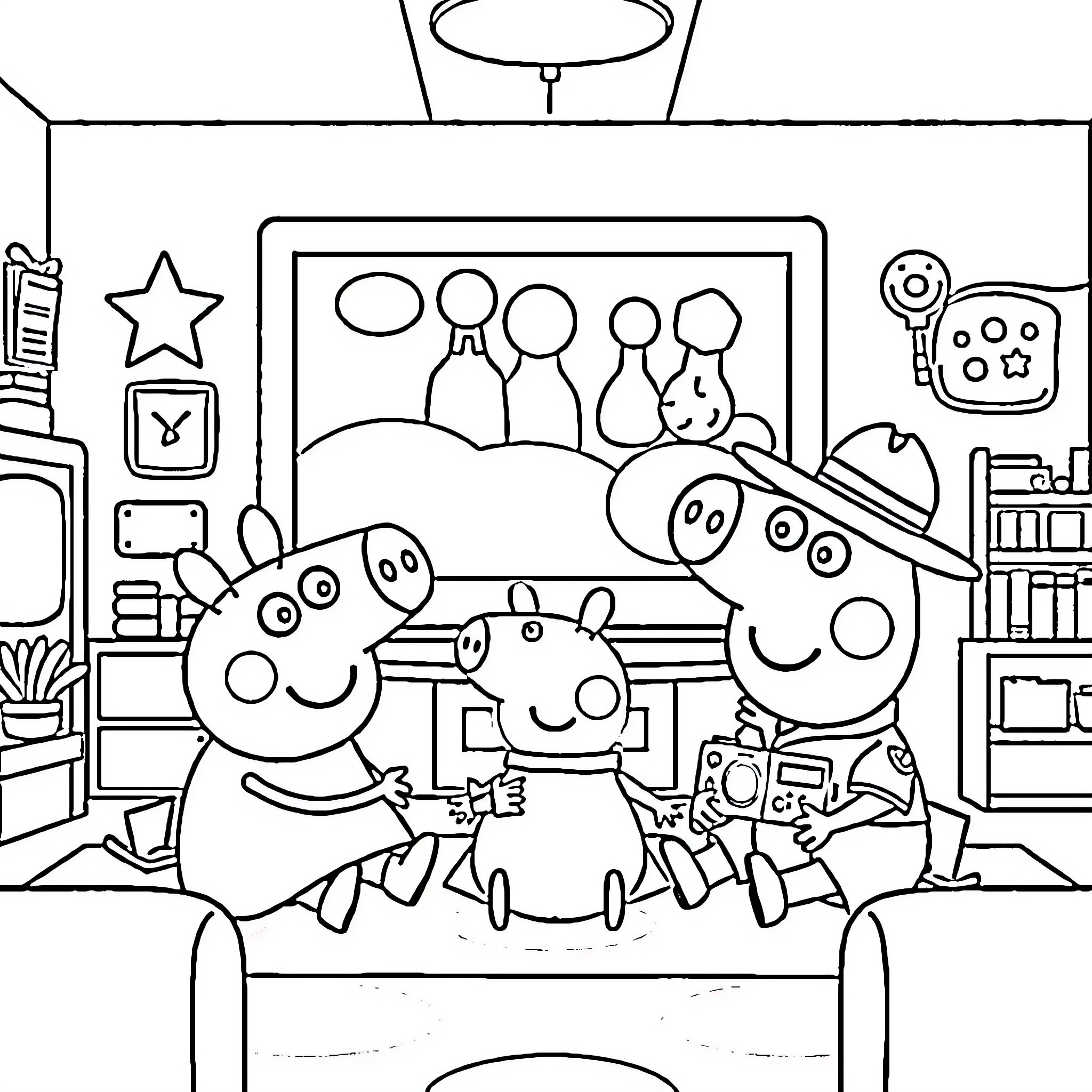 Character playing game with family in living room Coloring Page (free black-and-white line drawing printable PDF for all, from beginners to advanced learners, including children, teens, adults, and seniors)