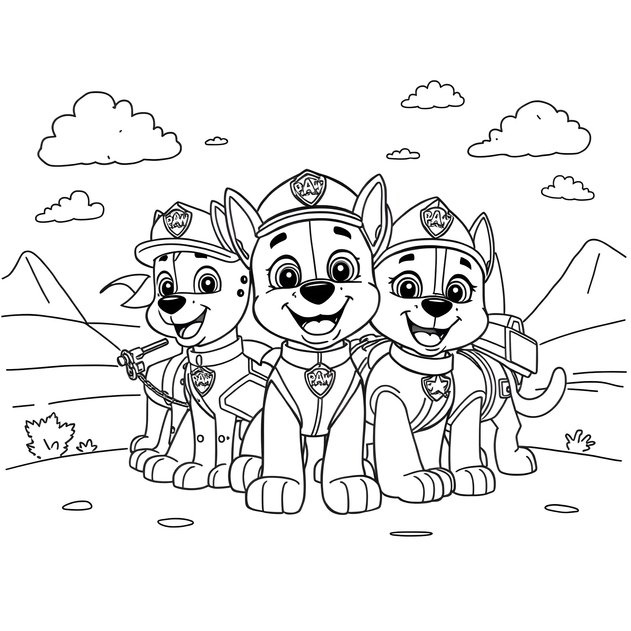Paw Patrol Pups on an Adventure Coloring Page (free black-and-white line drawing printable PDF for all, from beginners to advanced learners, including children, teens, adults, and seniors)