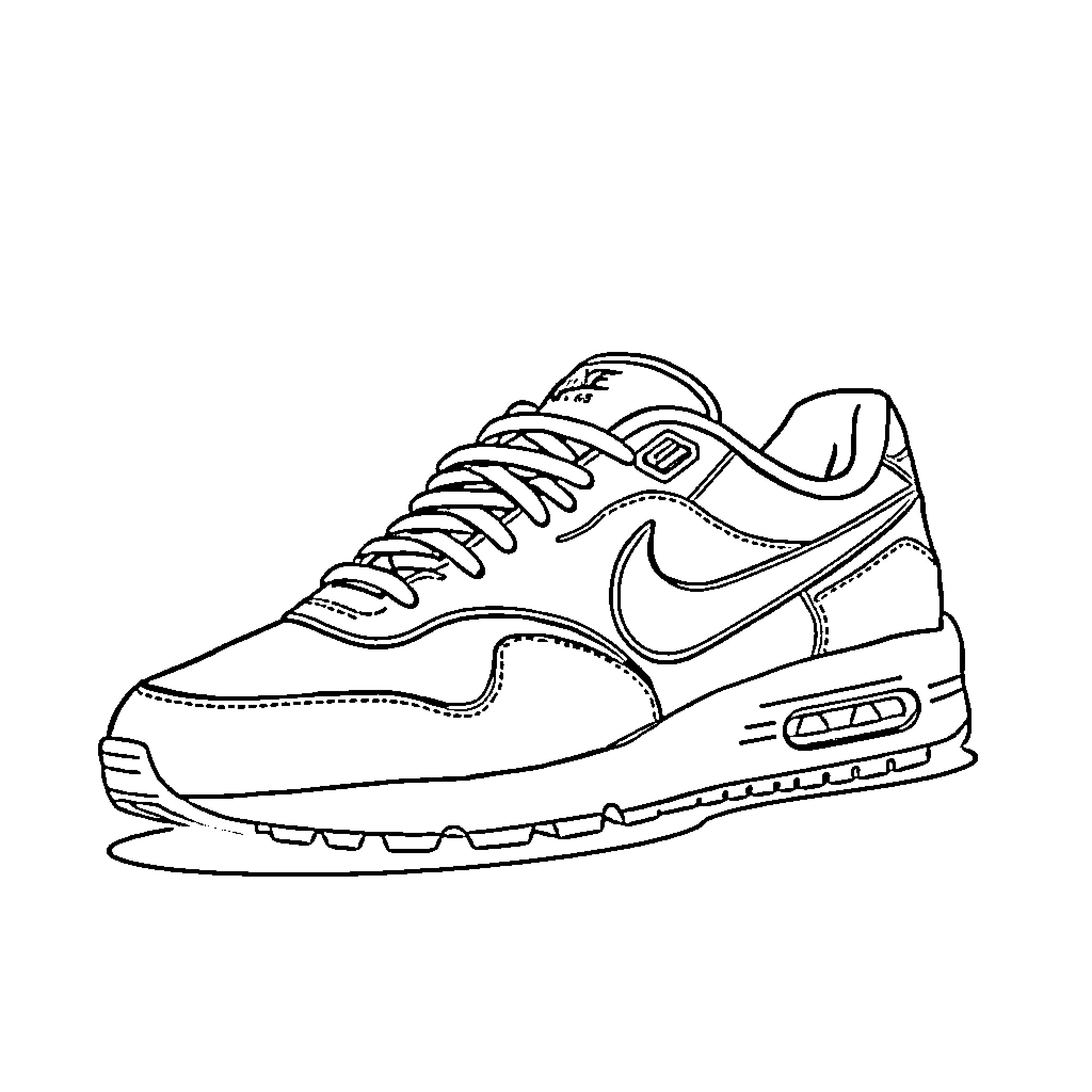 Nike Shoes in Monochrome Outline Coloring Page (free black-and-white line drawing printable PDF for all, from beginners to advanced learners, including children, teens, adults, and seniors)