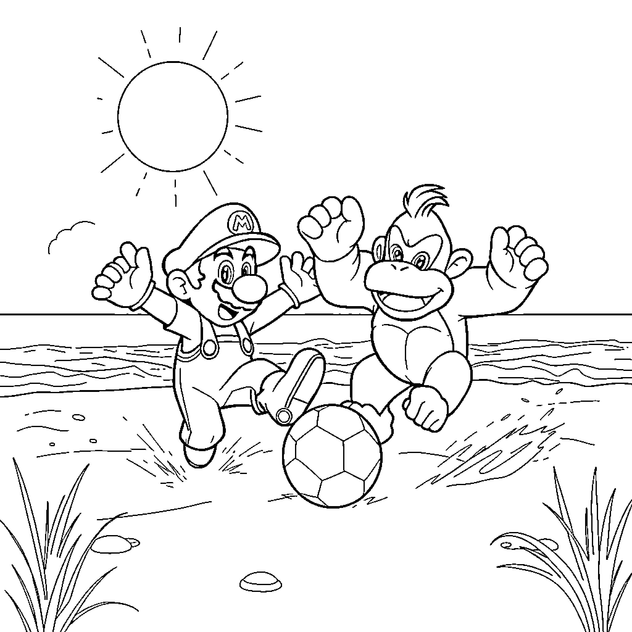 Mario and Donkey Kong playing soccer on the beach Coloring Page (free black-and-white line drawing printable PDF for all, from beginners to advanced learners, including children, teens, adults, and seniors)