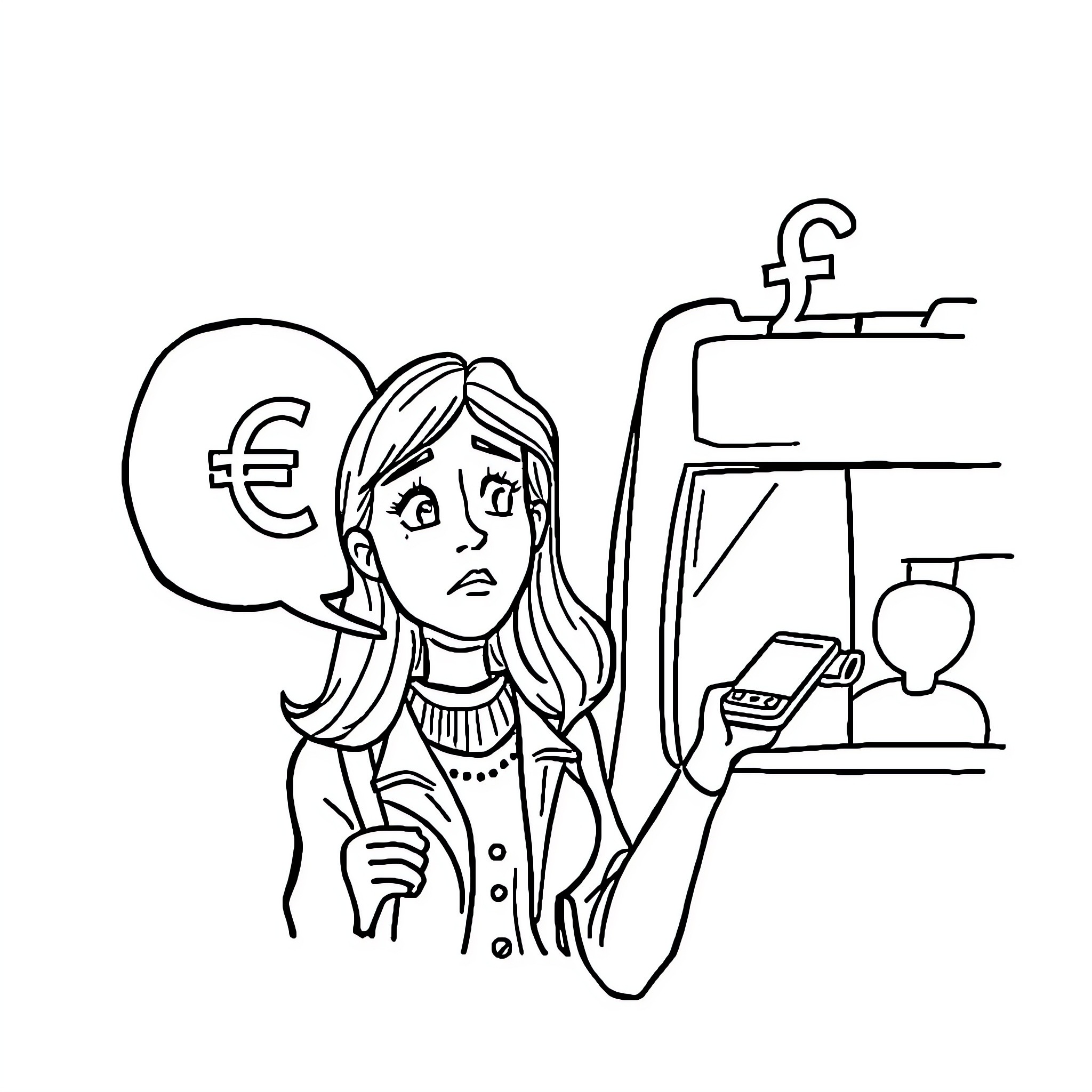 Woman worried about finances at home Coloring Page (free black-and-white line drawing printable PDF for all, from beginners to advanced learners, including children, teens, adults, and seniors)