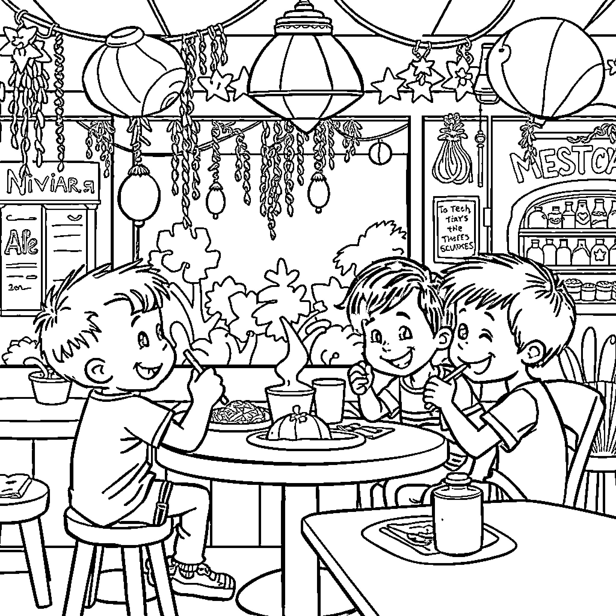 Kid friends enjoying dessert at cafe together Coloring Page (free black-and-white line drawing printable PDF for all, from beginners to advanced learners, including children, teens, adults, and seniors)