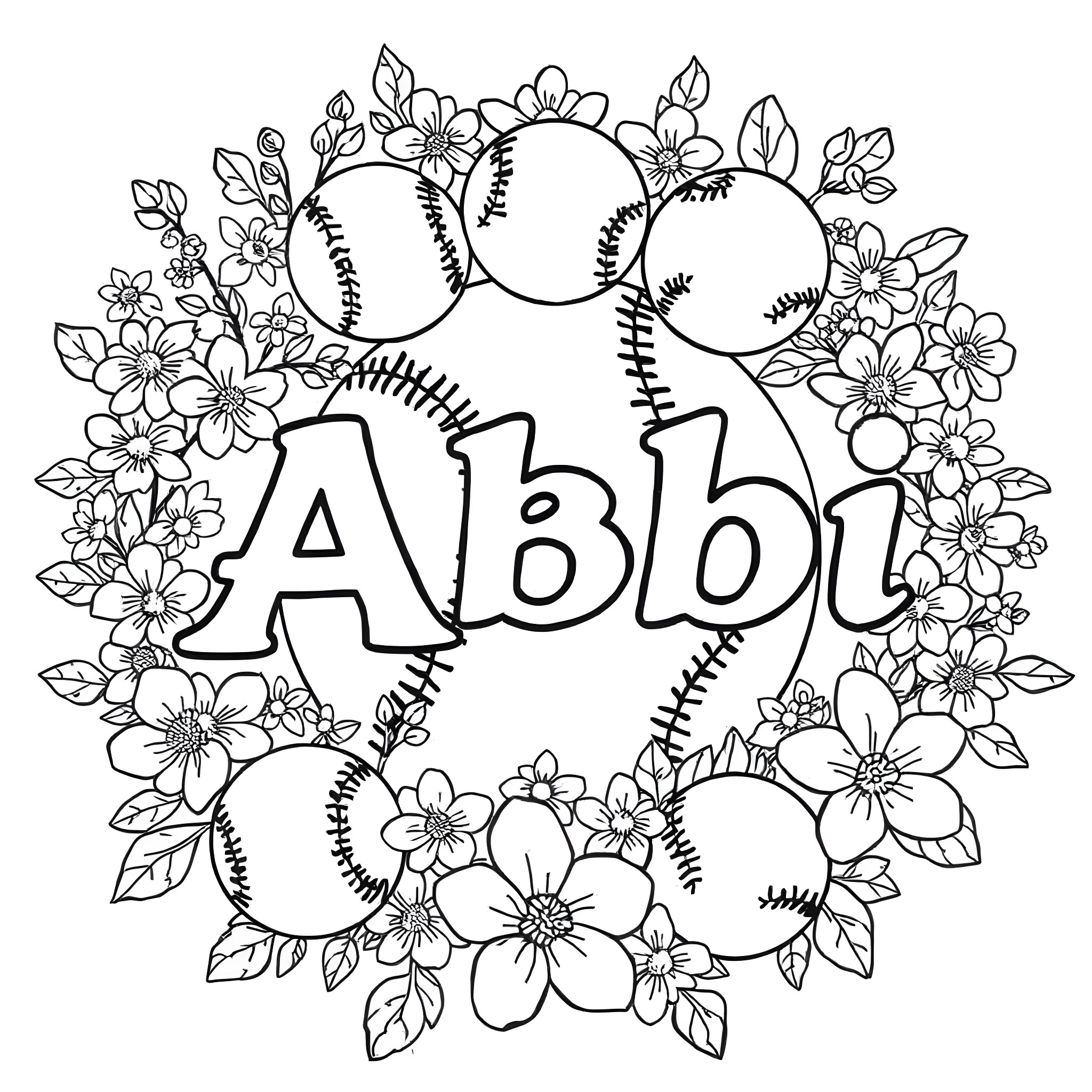 ABBI Flowers and Baseballs Wreath Coloring Page (free black-and-white line drawing printable PDF for all, from beginners to advanced learners, including children, teens, adults, and seniors)
