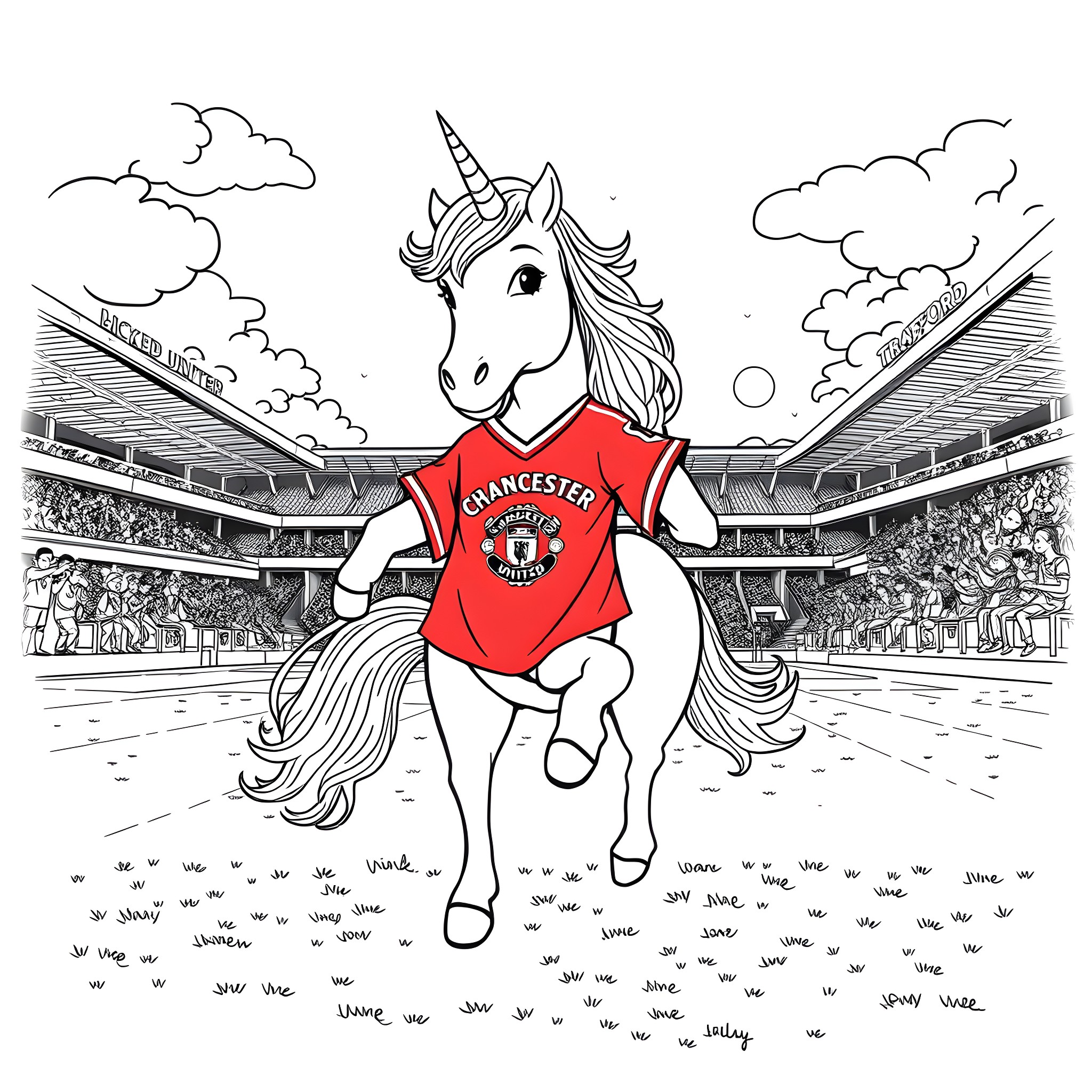 Unicorn wearing a sports jersey in a stadium Coloring Page (free black-and-white line drawing printable PDF for all, from beginners to advanced learners, including children, teens, adults, and seniors)