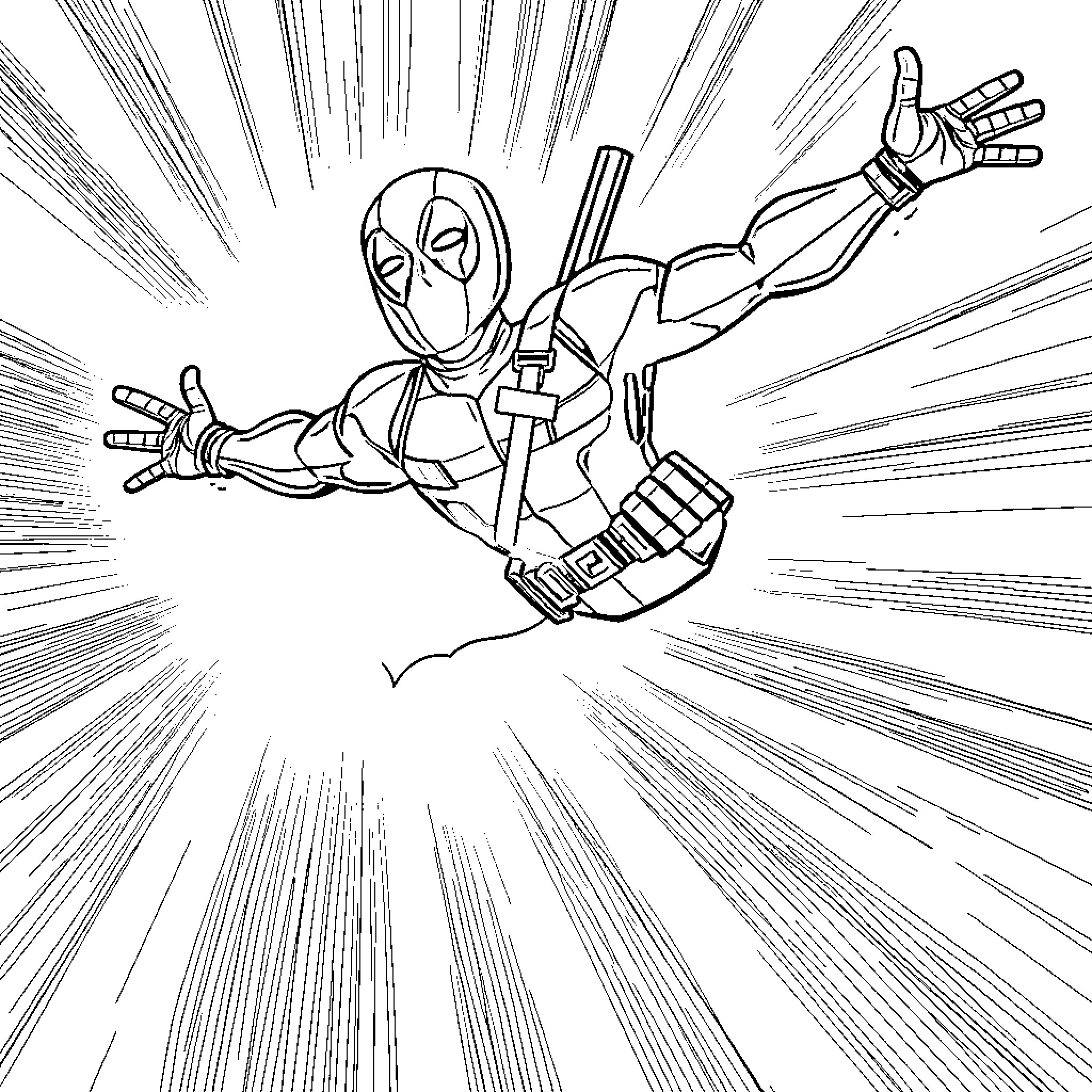 Deadpool in high-speed action pose Coloring Page (free black-and-white line drawing printable PDF for all, from beginners to advanced learners, including children, teens, adults, and seniors)