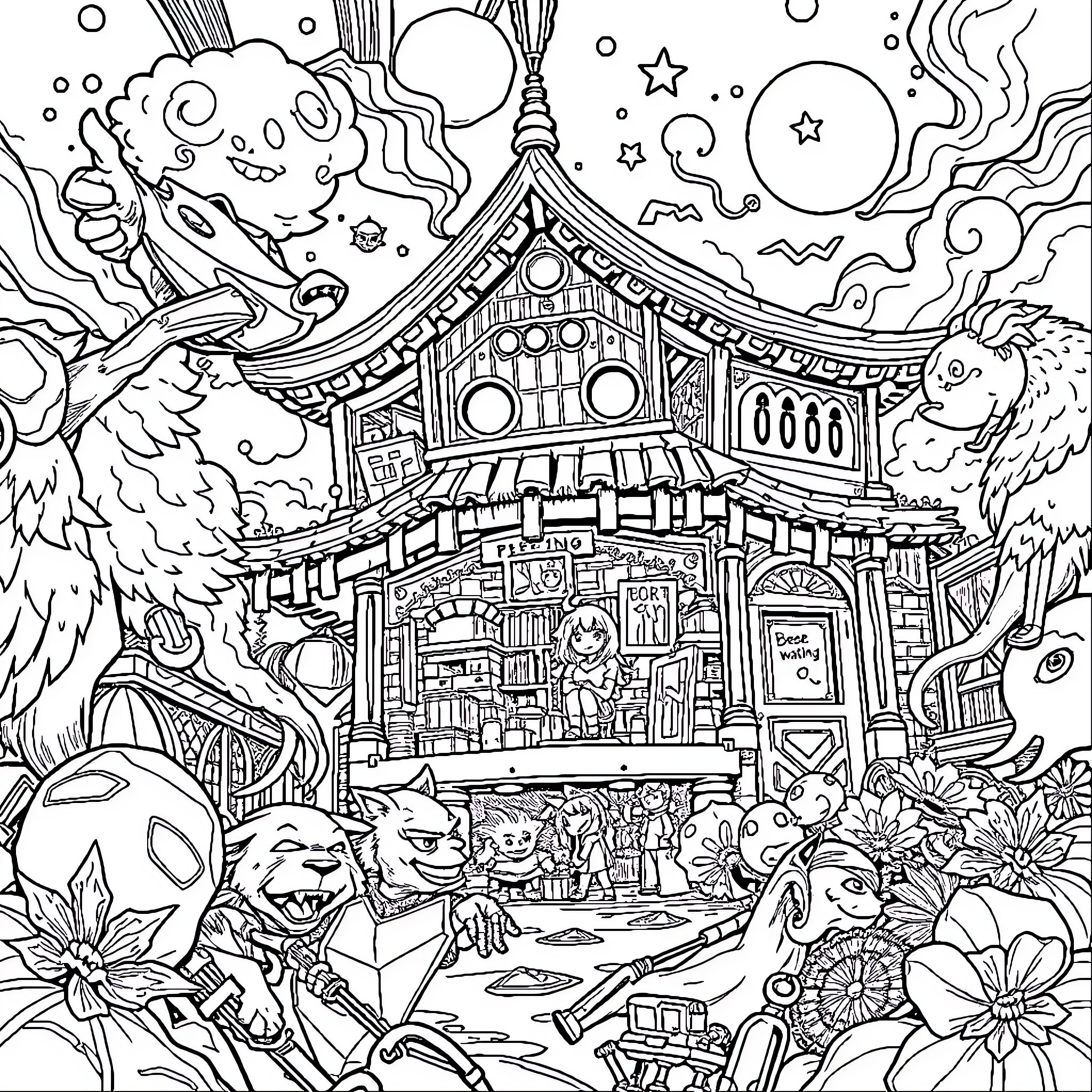 Manga Fantastical Magical Townscape with Diverse Characters Coloring Page (free black-and-white line drawing printable PDF for all, from beginners to advanced learners, including children, teens, adults, and seniors)