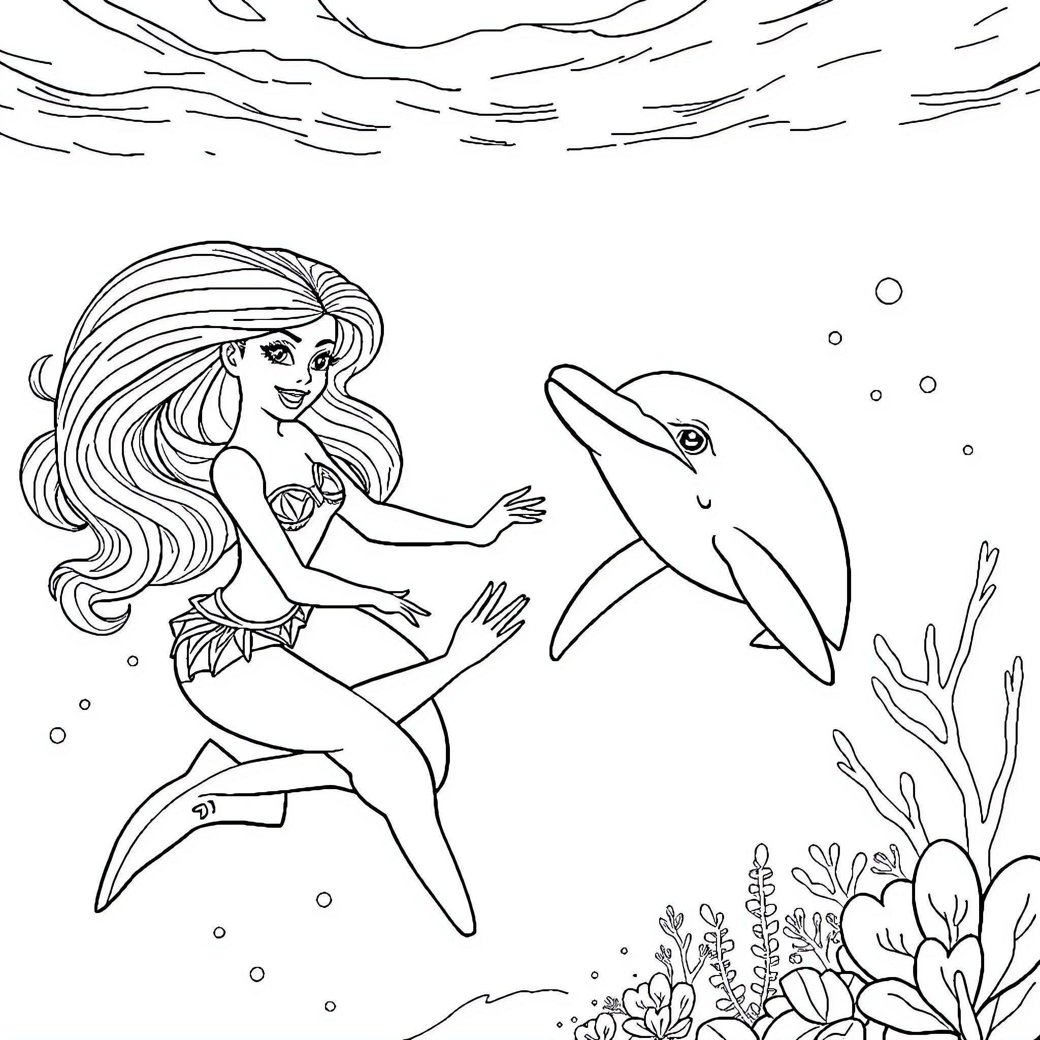 Barbie mermaid swimming with dolphin in the ocean Coloring Page (free black-and-white line drawing printable PDF for all, from beginners to advanced learners, including children, teens, adults, and seniors)
