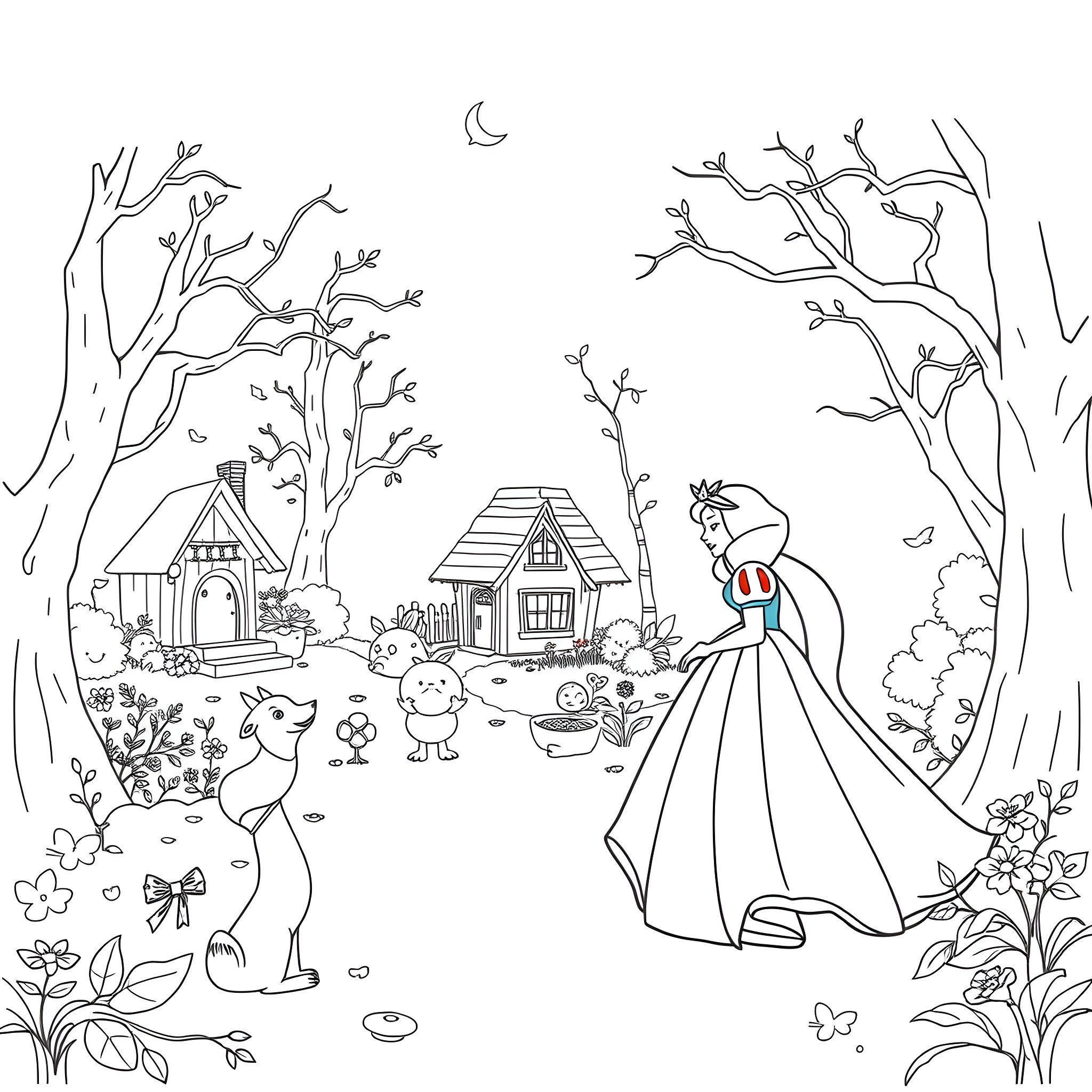 Snow White exploring the magical forest cottages Coloring Page (free black-and-white line drawing printable PDF for all, from beginners to advanced learners, including children, teens, adults, and seniors)