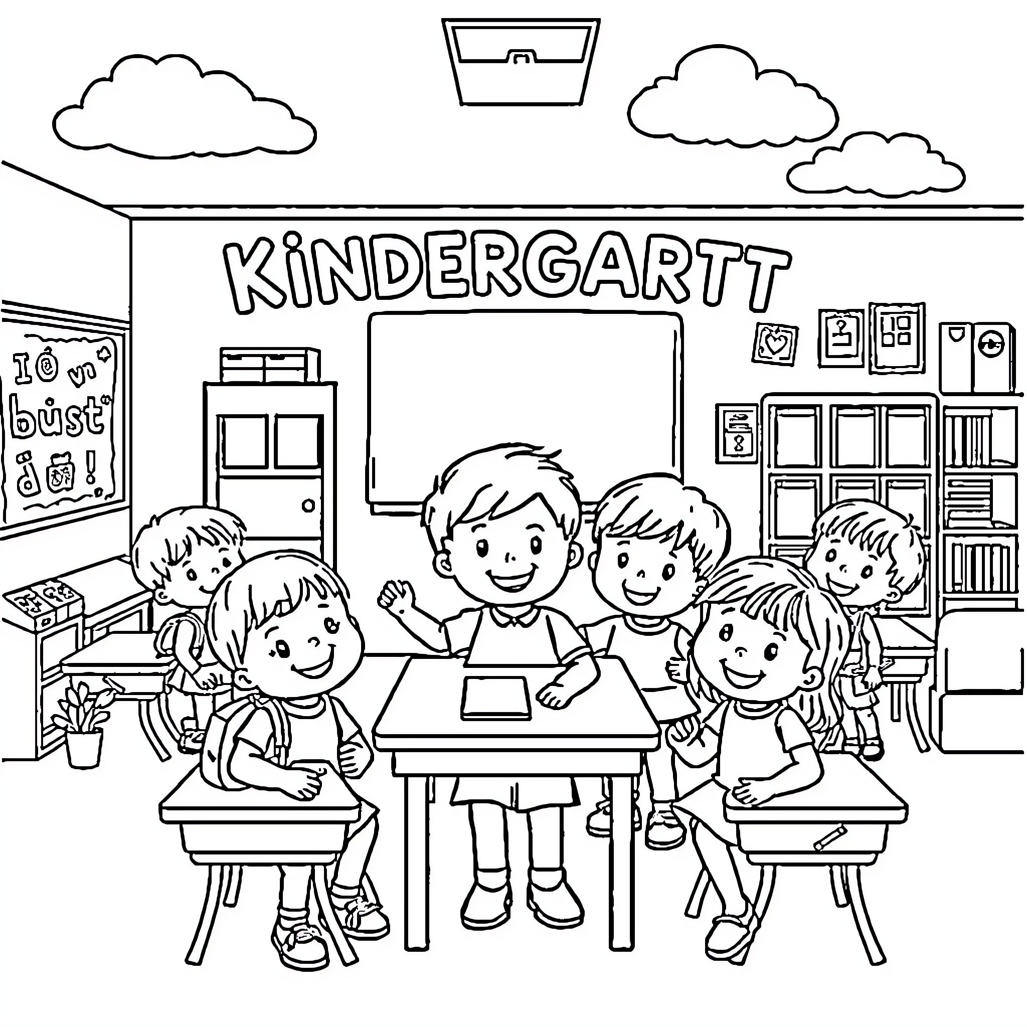 Kindergarten classroom with children learning and playing Coloring Page (free black-and-white line drawing printable PDF for all, from beginners to advanced learners, including children, teens, adults, and seniors)
