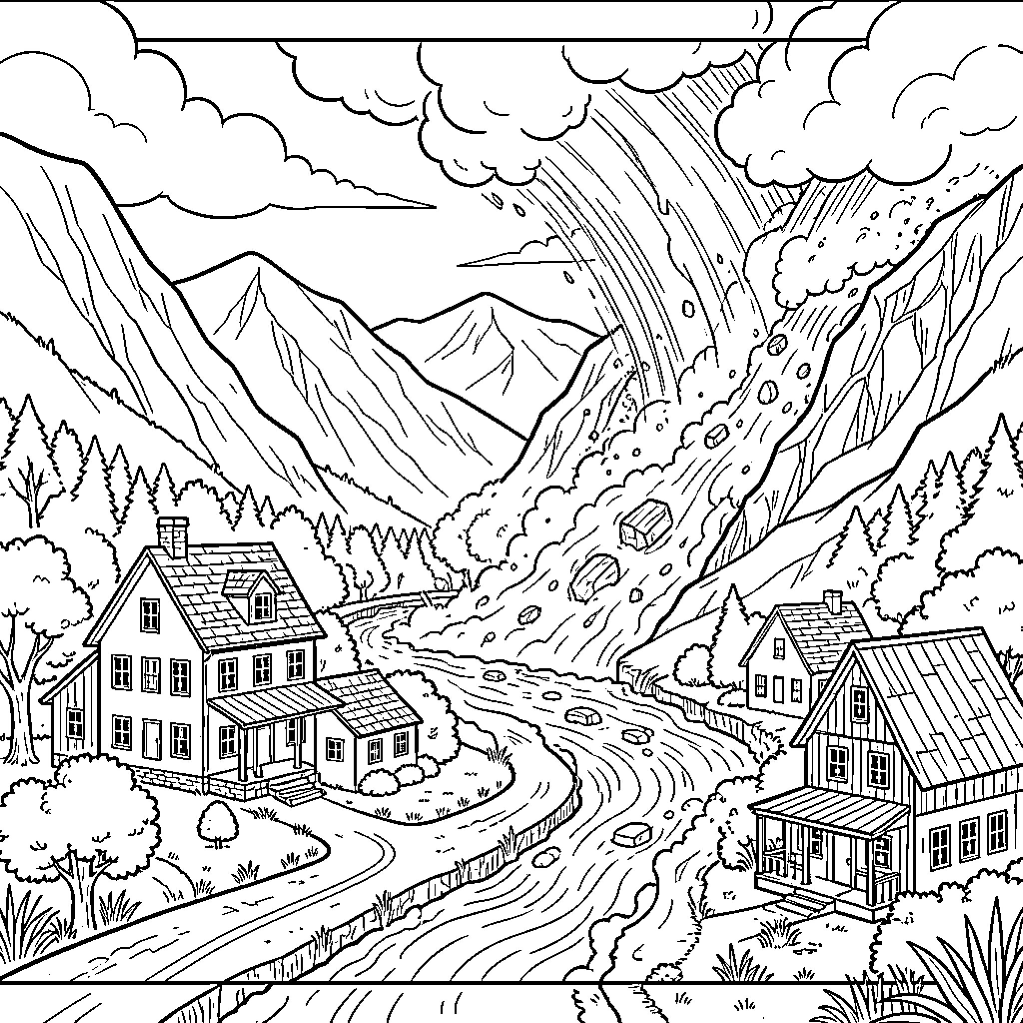 Hurricane causing a landslide and flooding near small houses Coloring Page (free black-and-white line drawing printable PDF for all, from beginners to advanced learners, including children, teens, adults, and seniors)