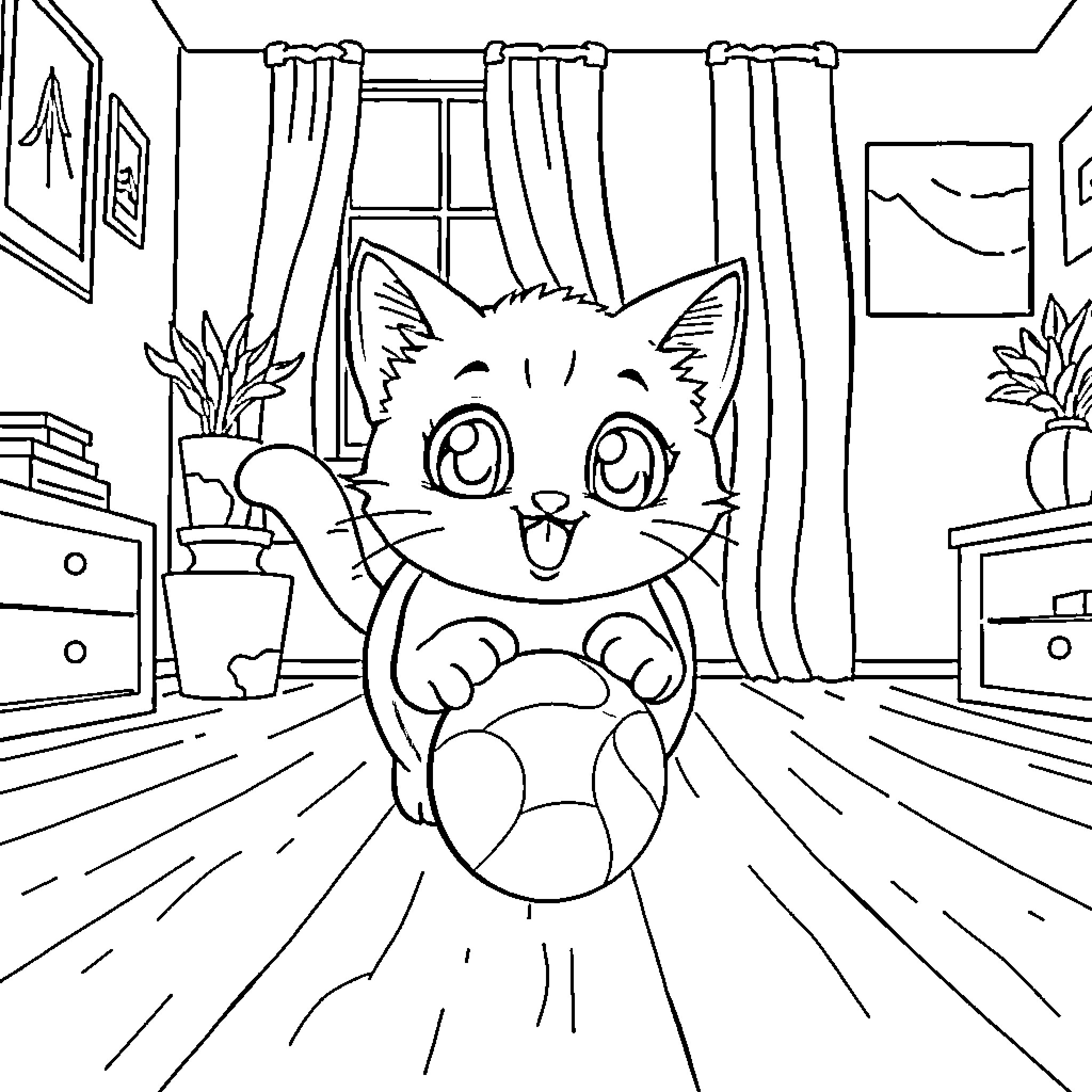 Cat relaxing happily in cozy home interior Coloring Page (free black-and-white line drawing printable PDF for all, from beginners to advanced learners, including children, teens, adults, and seniors)