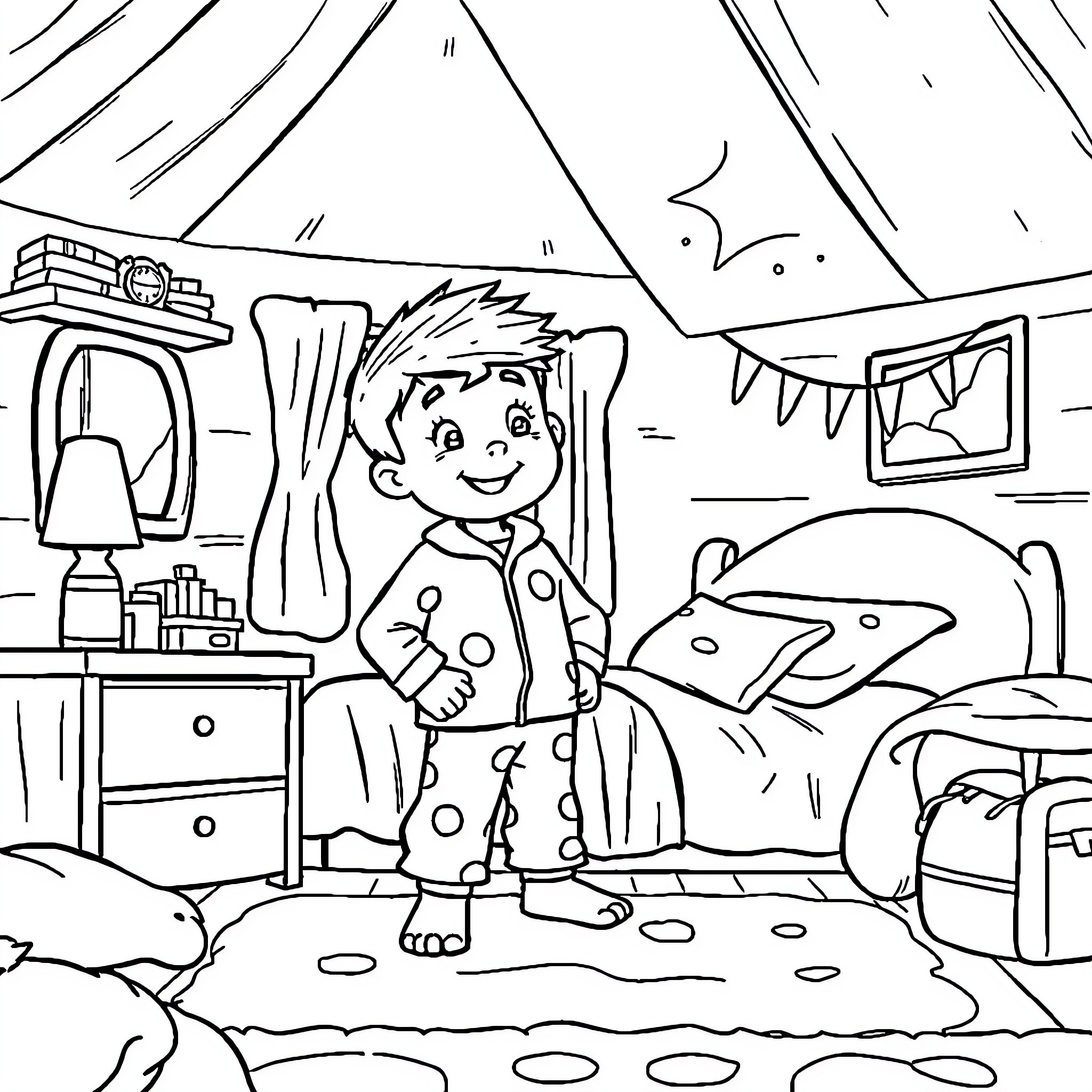 Pajama Sam's Cozy Bedroom Adventure Coloring Page (free black-and-white line drawing printable PDF for all, from beginners to advanced learners, including children, teens, adults, and seniors)