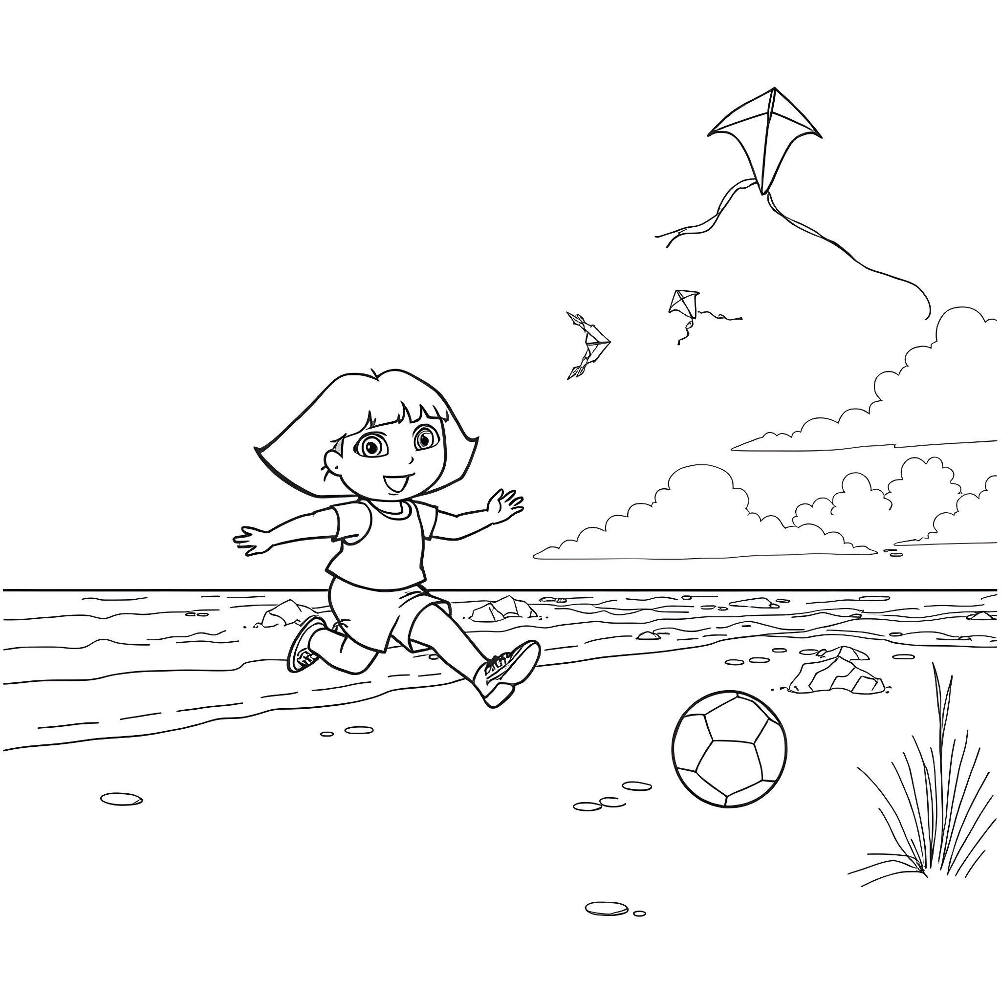 Dora playing with kite and soccer ball on the beach Coloring Page (free black-and-white line drawing printable PDF for all, from beginners to advanced learners, including children, teens, adults, and seniors)
