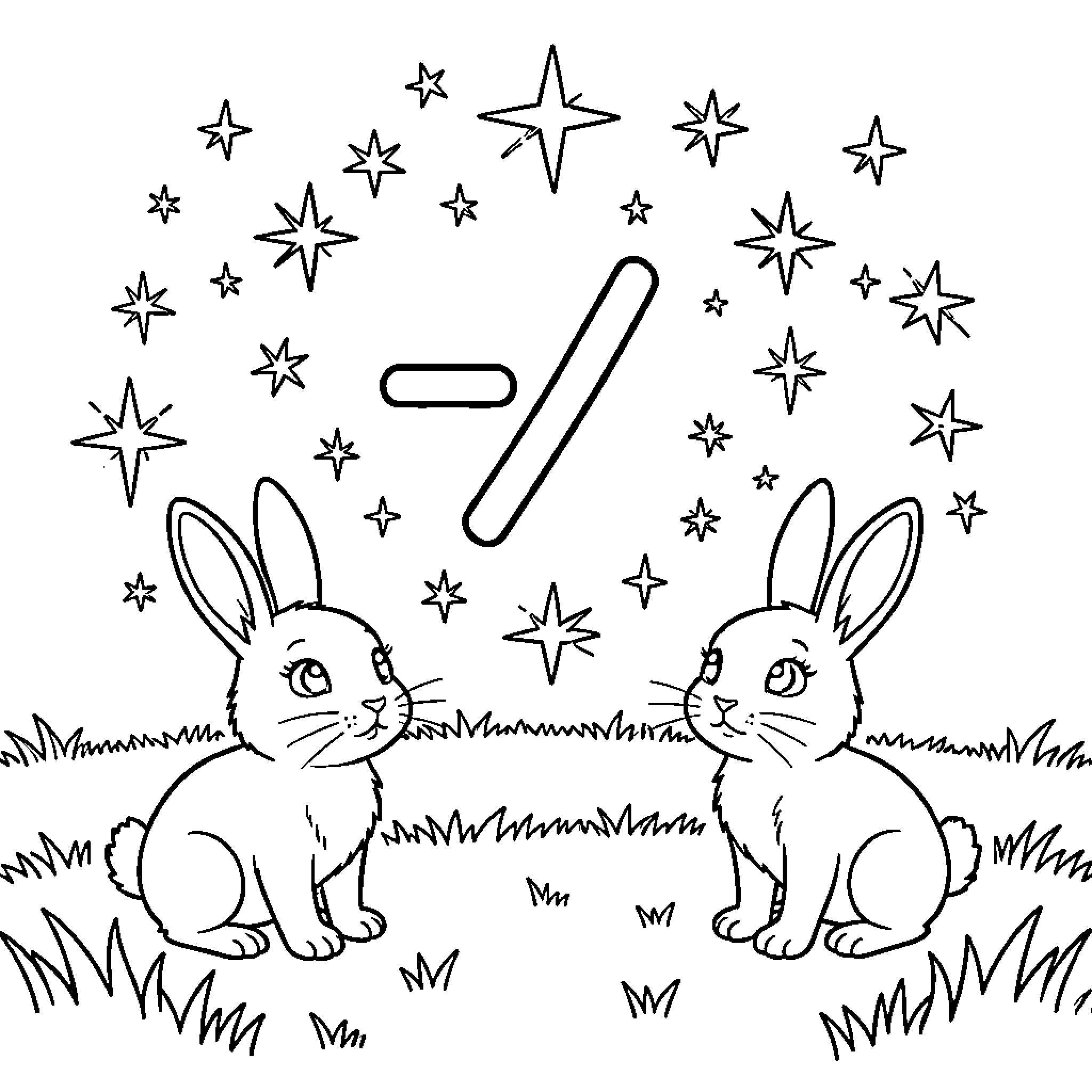 Signo Rabbits playing in a starry field Coloring Page (free black-and-white line drawing printable PDF for all, from beginners to advanced learners, including children, teens, adults, and seniors)