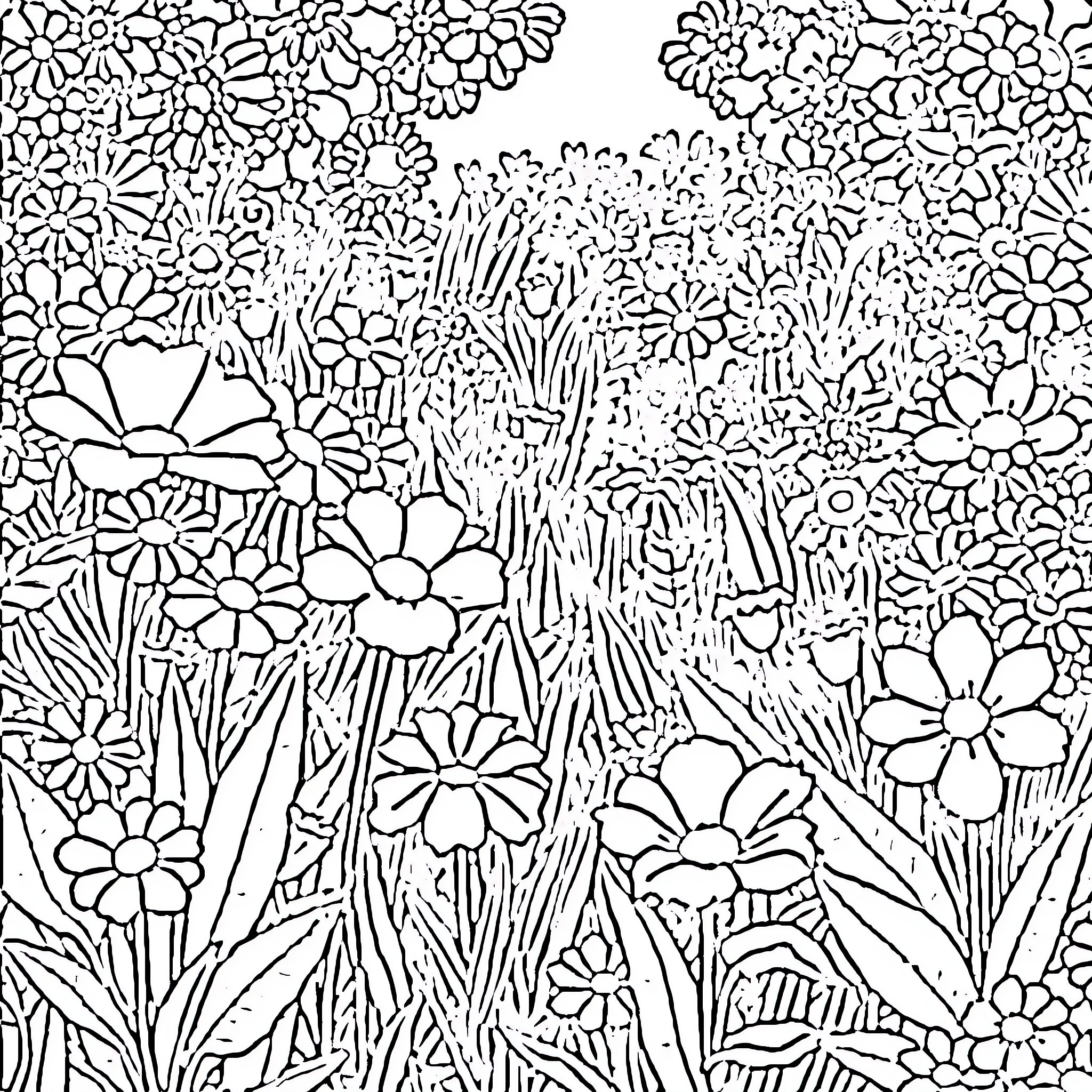 Garden filled with vibrant floral patterns Coloring Page (free black-and-white line drawing printable PDF for all, from beginners to advanced learners, including children, teens, adults, and seniors)