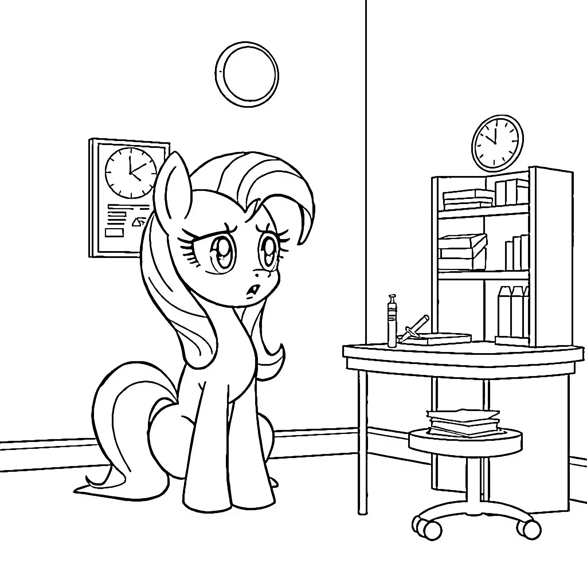 Twilight Sparkle looking puzzled in a study Coloring Page (free black-and-white line drawing printable PDF for all, from beginners to advanced learners, including children, teens, adults, and seniors)