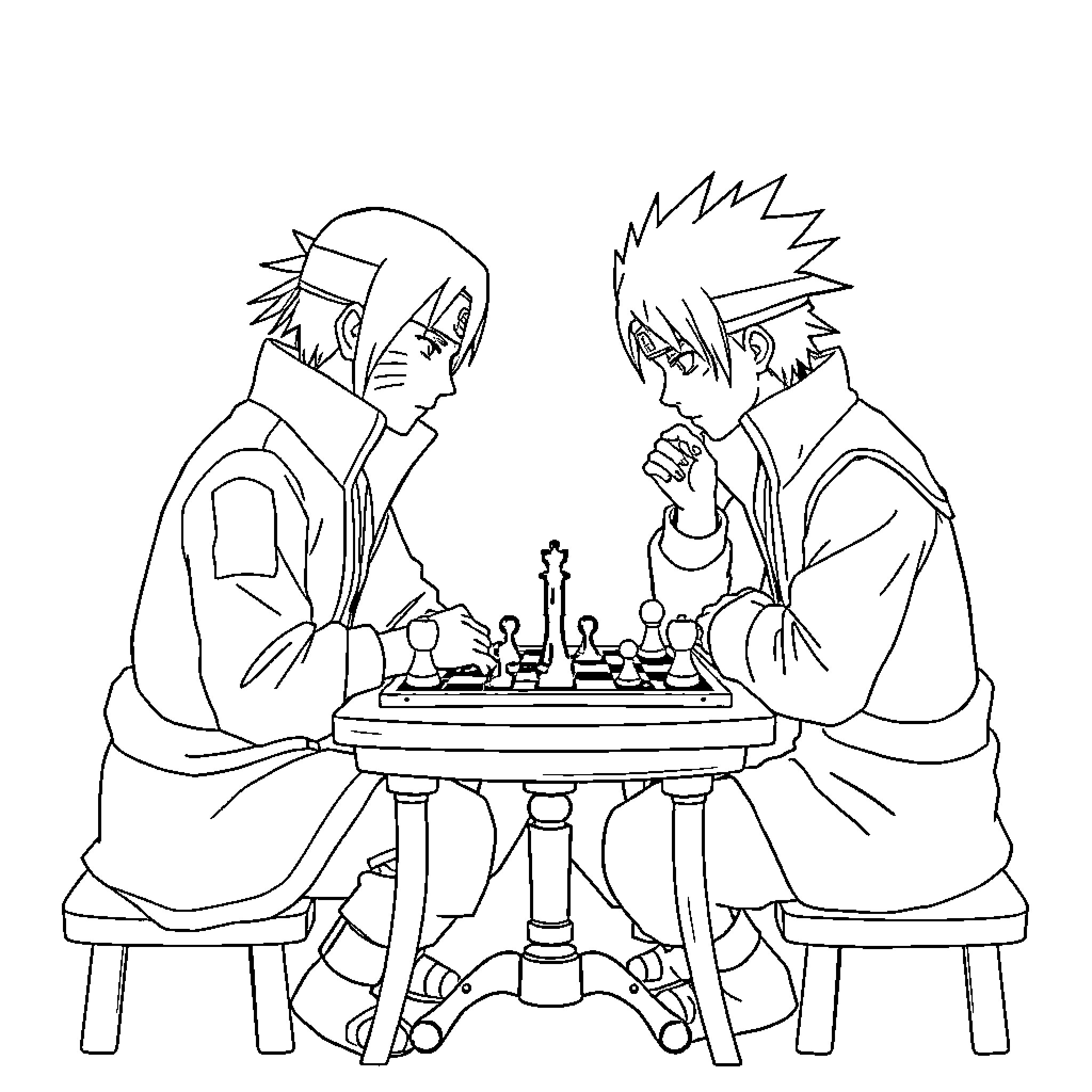 Naruto characters engaged in a chess match Coloring Page (free black-and-white line drawing printable PDF for all, from beginners to advanced learners, including children, teens, adults, and seniors)