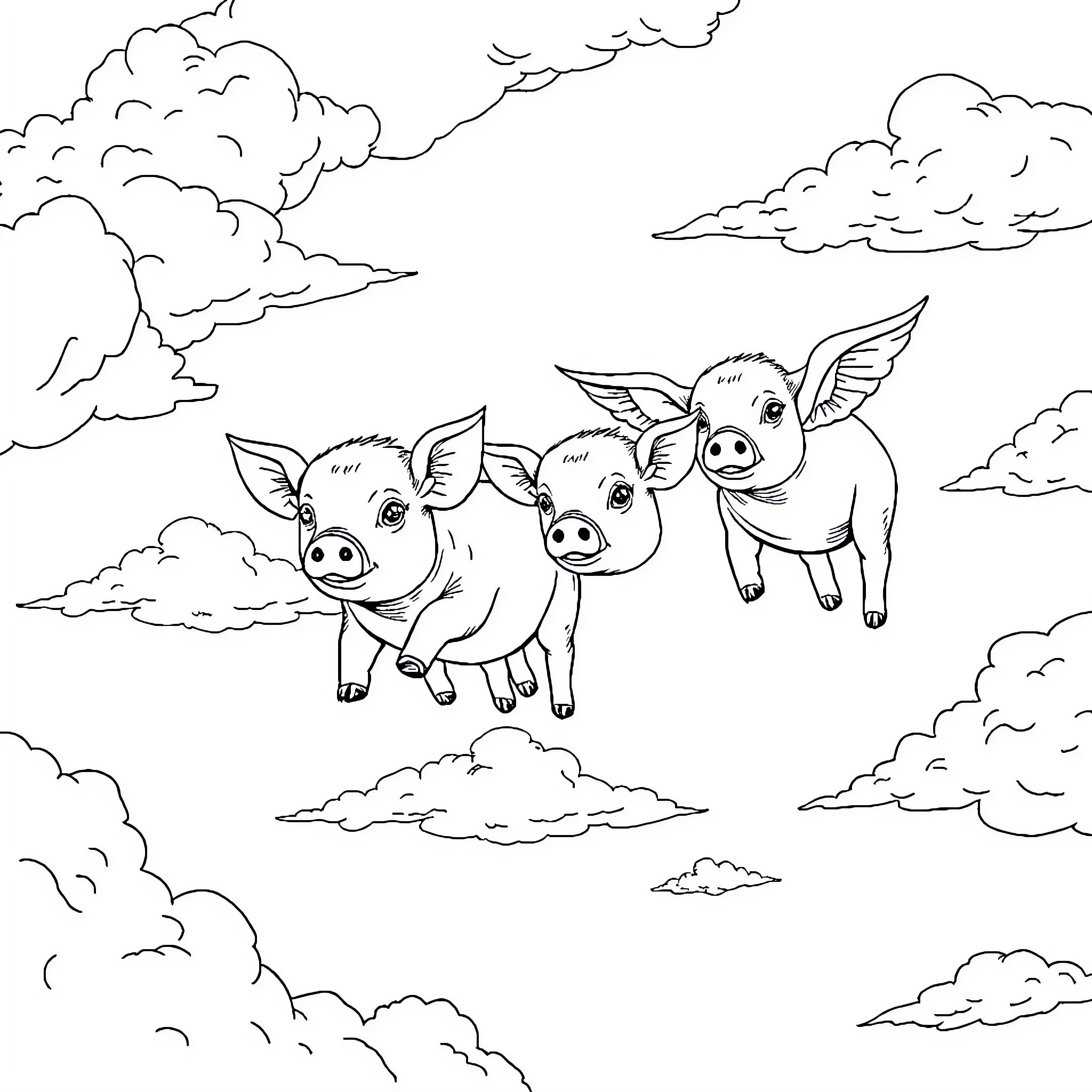 Flying Pigs soaring through the cloudy sky Coloring Page (free black-and-white line drawing printable PDF for all, from beginners to advanced learners, including children, teens, adults, and seniors)