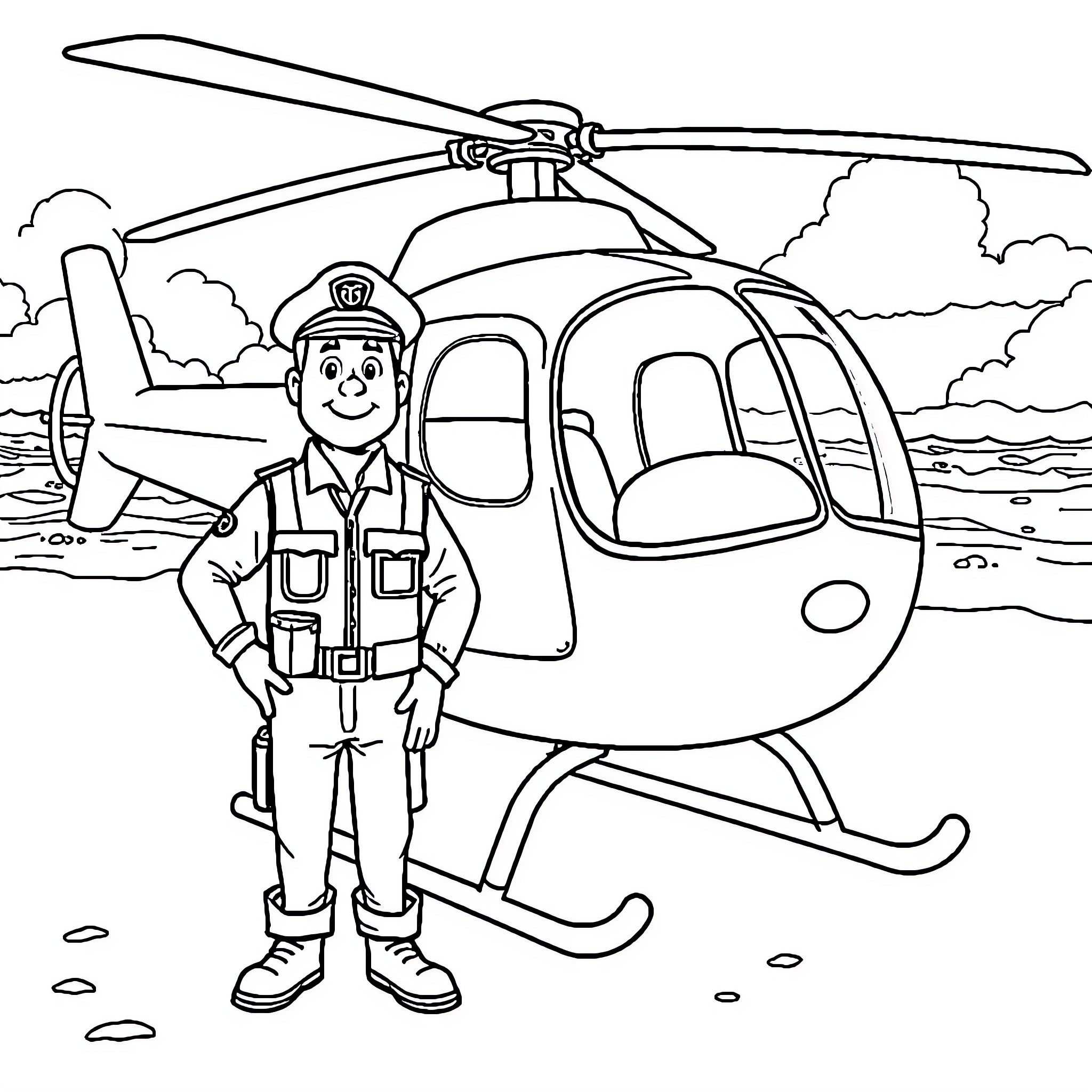 Postman Pat and his helicopter in action Coloring Page (free black-and-white line drawing printable PDF for all, from beginners to advanced learners, including children, teens, adults, and seniors)