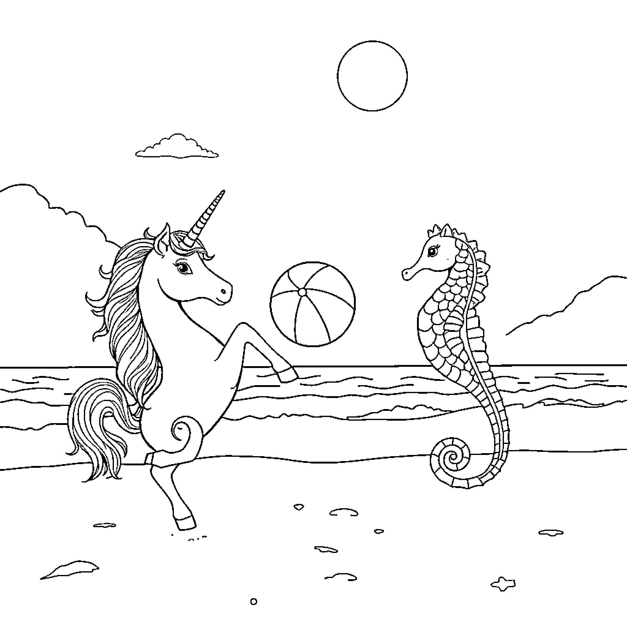 Unicorn and Seahorse Playing in the Ocean Coloring Page (free black-and-white line drawing printable PDF for all, from beginners to advanced learners, including children, teens, adults, and seniors)