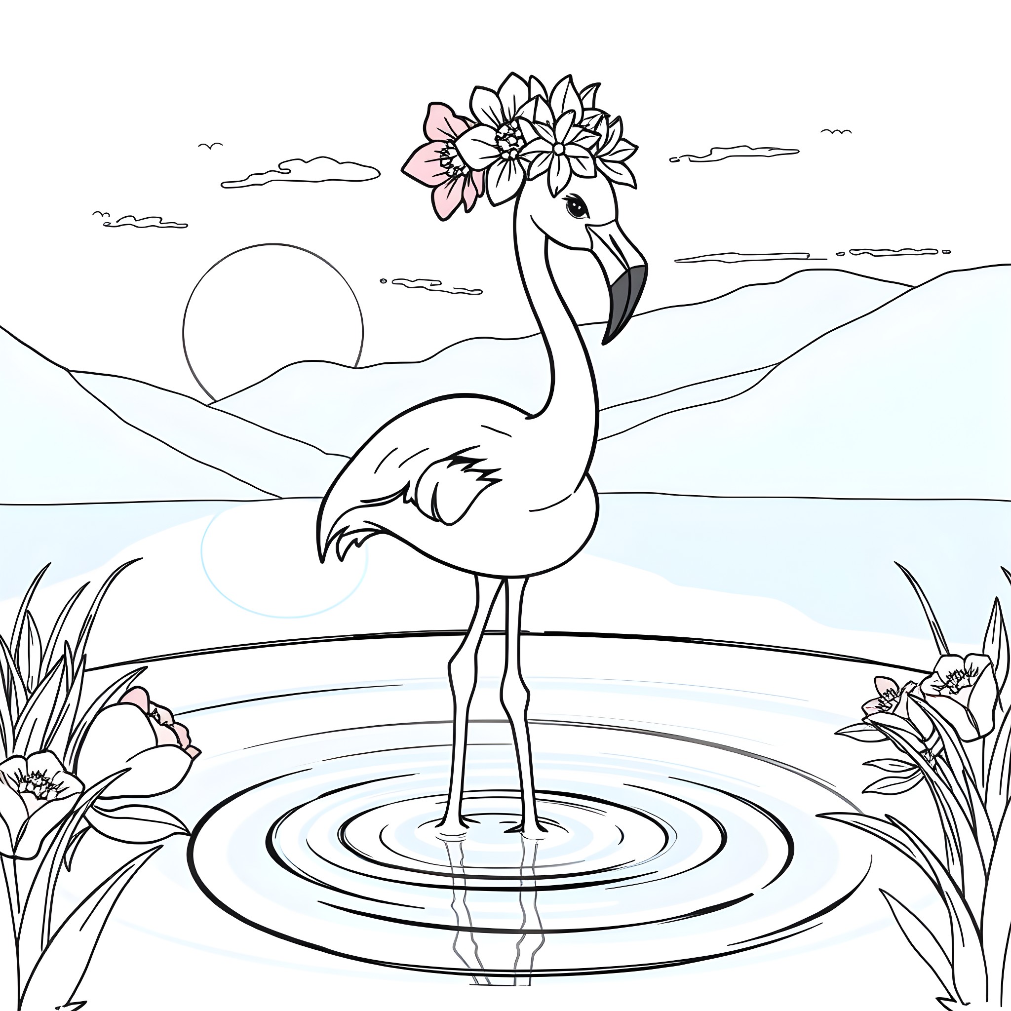 Flamingo with Floral Crown in Scenic Landscape Coloring Page (free black-and-white line drawing printable PDF for all, from beginners to advanced learners, including children, teens, adults, and seniors)
