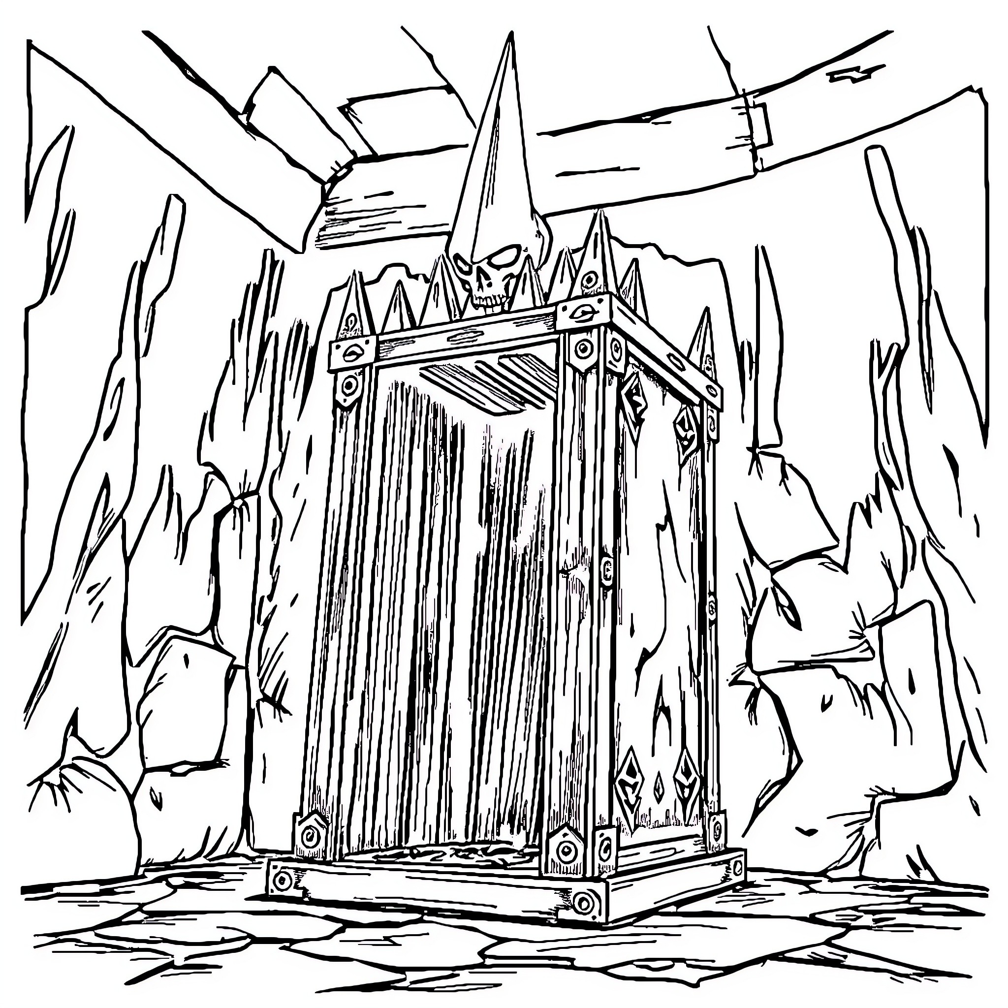 Iron Maiden's Majestic Throne in Frozen Wasteland Coloring Page (free black-and-white line drawing printable PDF for all, from beginners to advanced learners, including children, teens, adults, and seniors)