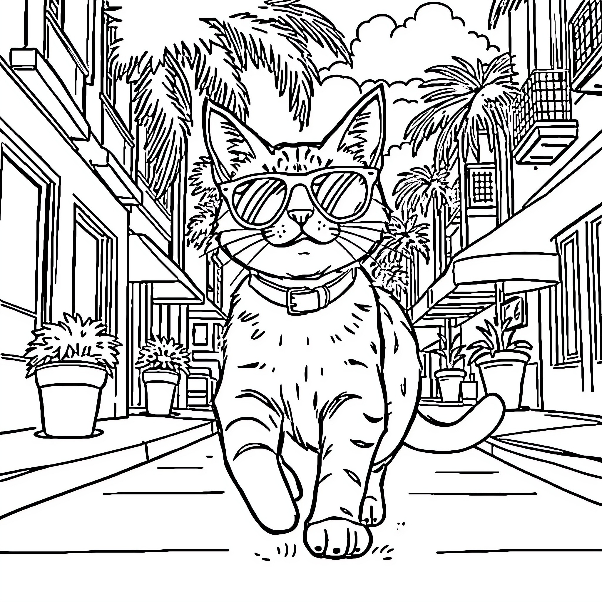 Cat in Sunglasses Exploring the City Coloring Page (free black-and-white line drawing printable PDF for all, from beginners to advanced learners, including children, teens, adults, and seniors)