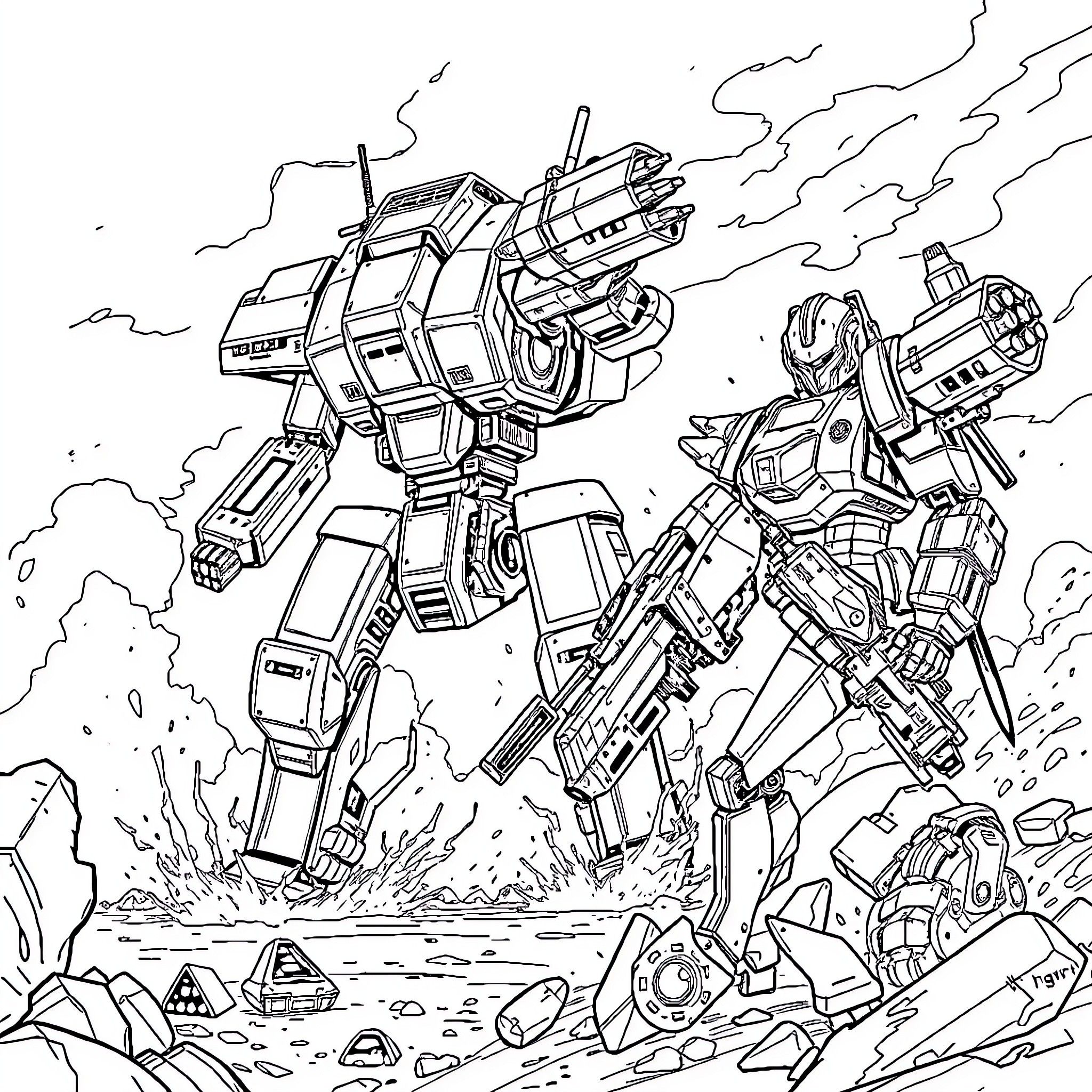 Mech Warriors Engaged in Intense Combat Coloring Page (free black-and-white line drawing printable PDF for all, from beginners to advanced learners, including children, teens, adults, and seniors)