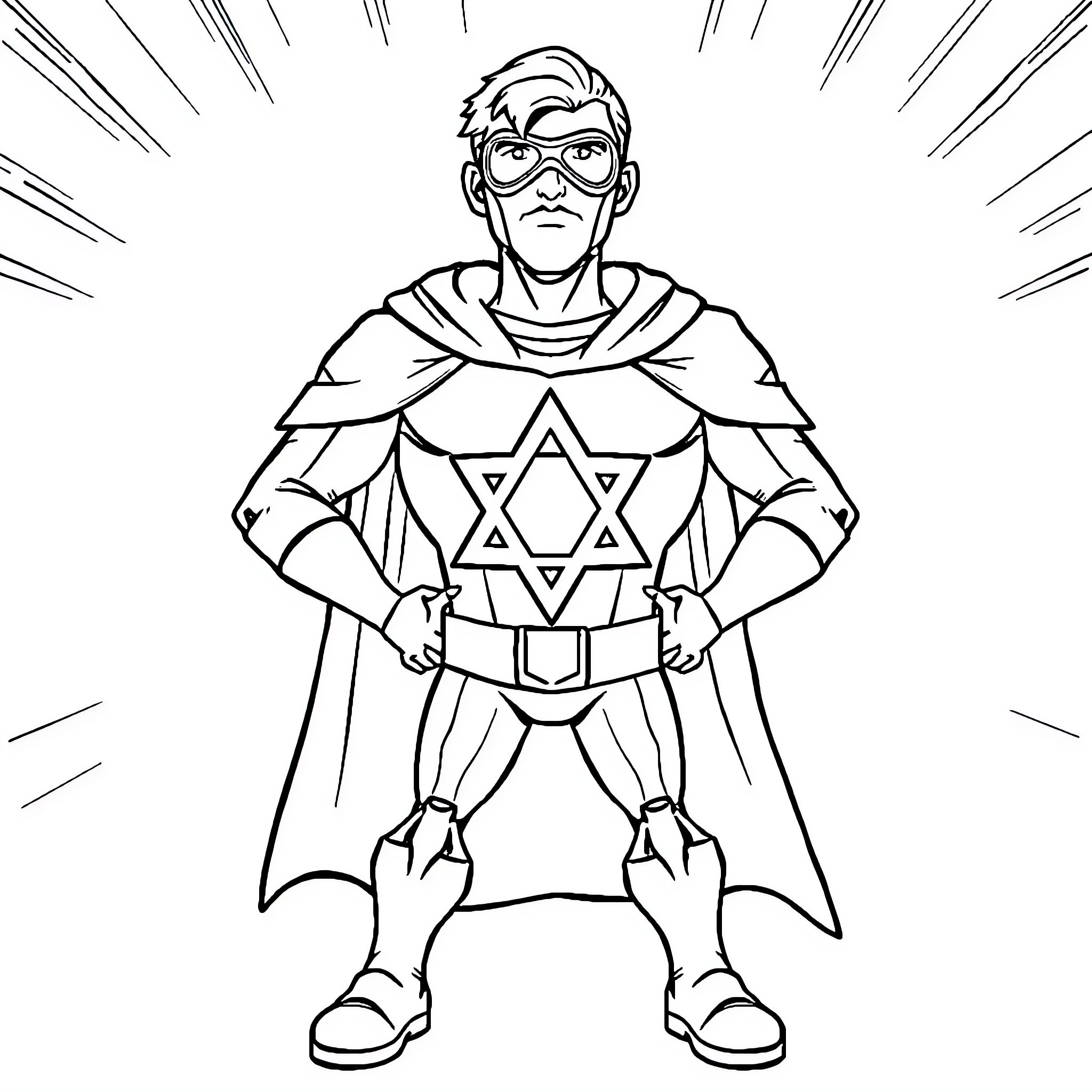 Superhero in Heroic Pose and Symbolic Attire Coloring Page (free black-and-white line drawing printable PDF for all, from beginners to advanced learners, including children, teens, adults, and seniors)