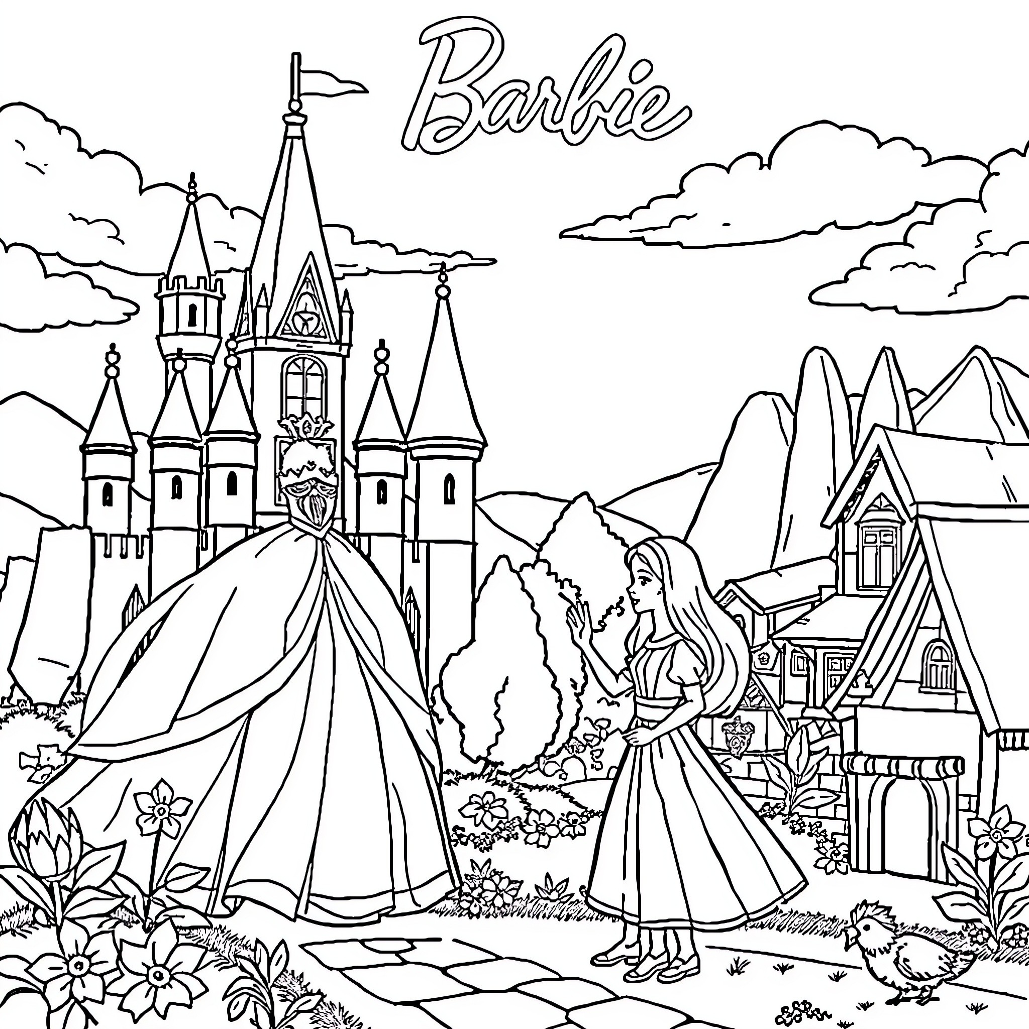 Barbie exploring a magical castle landscape Coloring Page (free black-and-white line drawing printable PDF for all, from beginners to advanced learners, including children, teens, adults, and seniors)