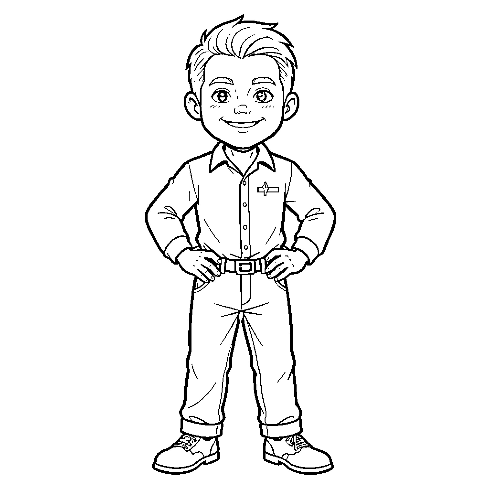 Louckas standing confidently in a button-down shirt and trousers Coloring Page (free black-and-white line drawing printable PDF for all, from beginners to advanced learners, including children, teens, adults, and seniors)