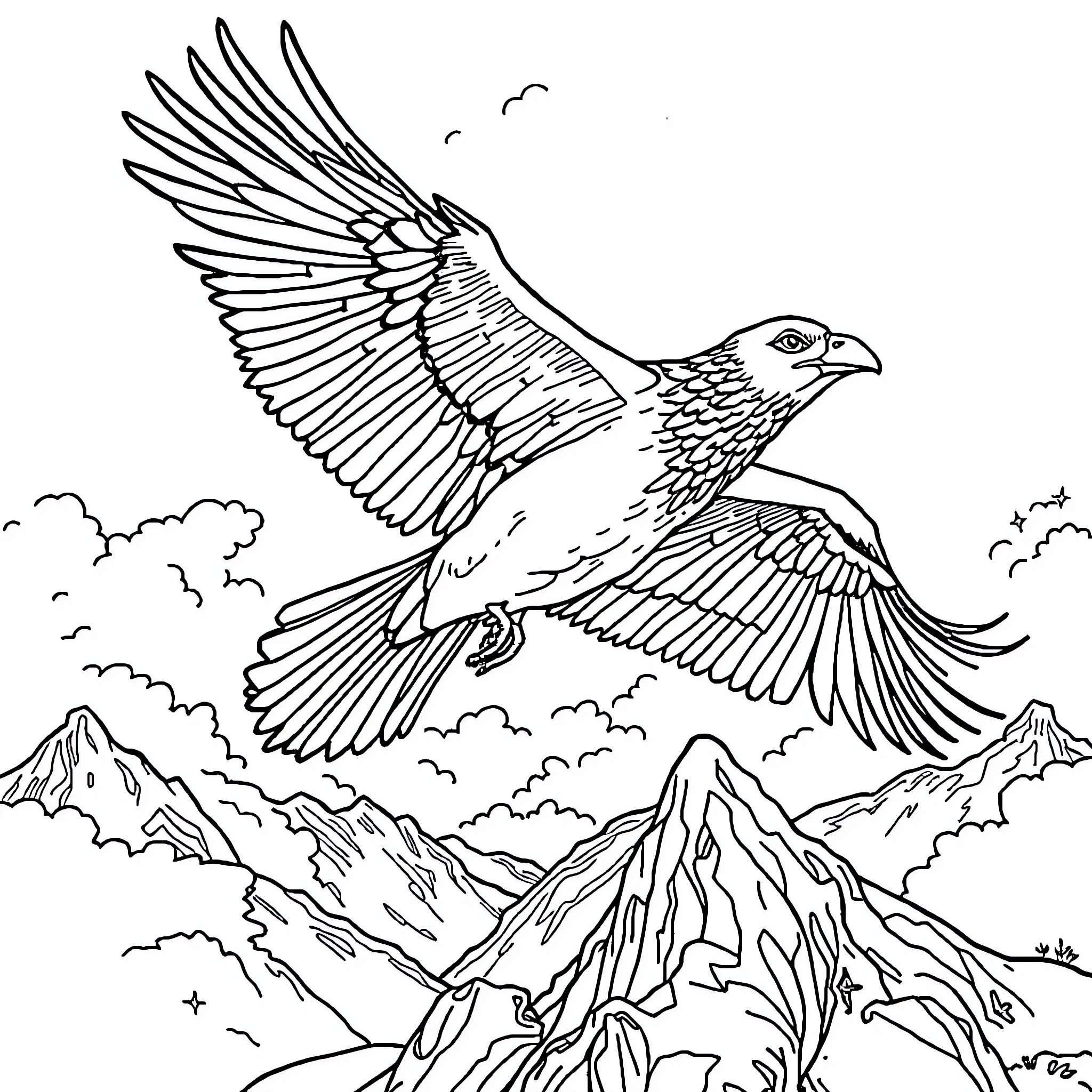 Condor soaring over majestic mountains Coloring Page (free black-and-white line drawing printable PDF for all, from beginners to advanced learners, including children, teens, adults, and seniors)