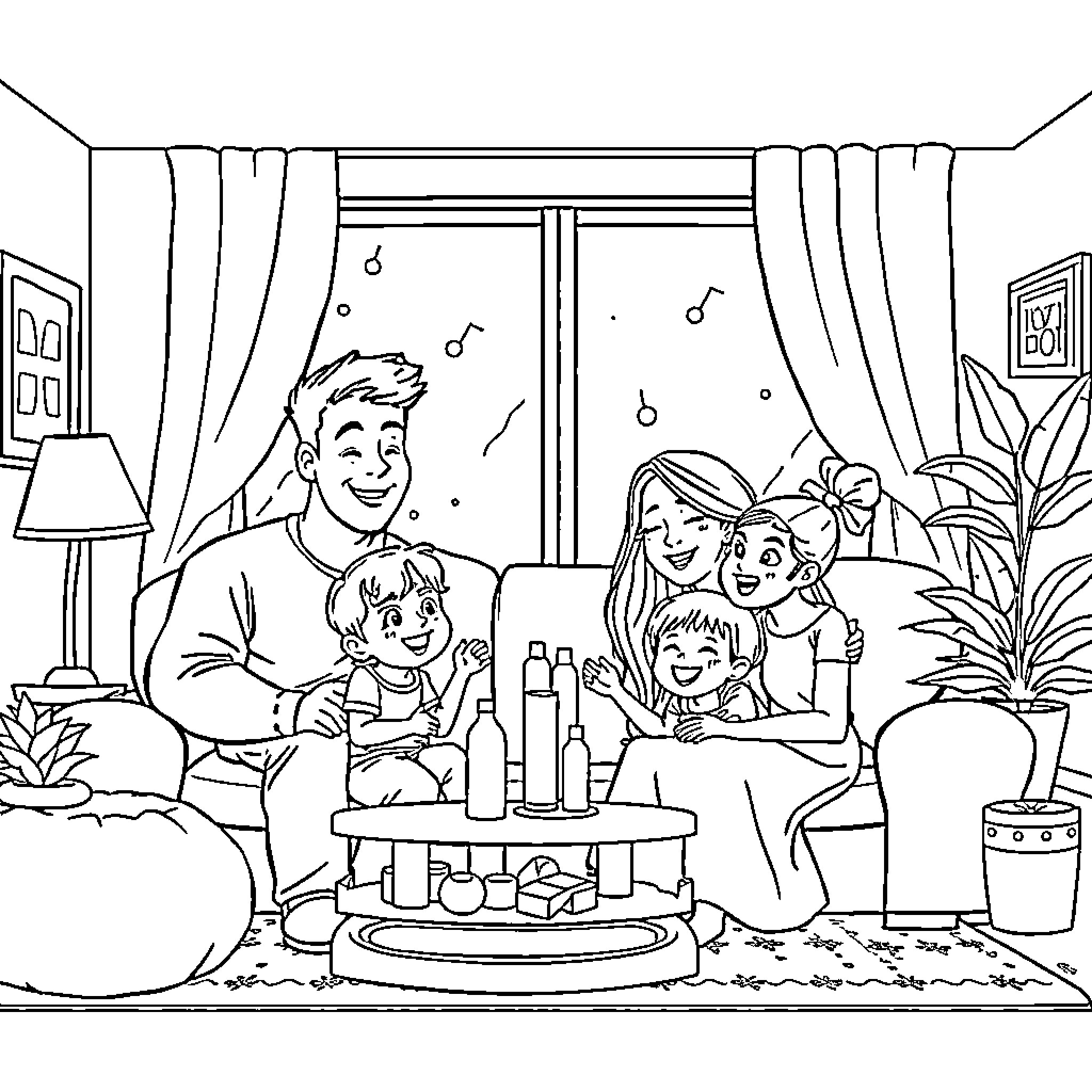 Family enjoying a cozy indoor gathering Coloring Page (free black-and-white line drawing printable PDF for all, from beginners to advanced learners, including children, teens, adults, and seniors)