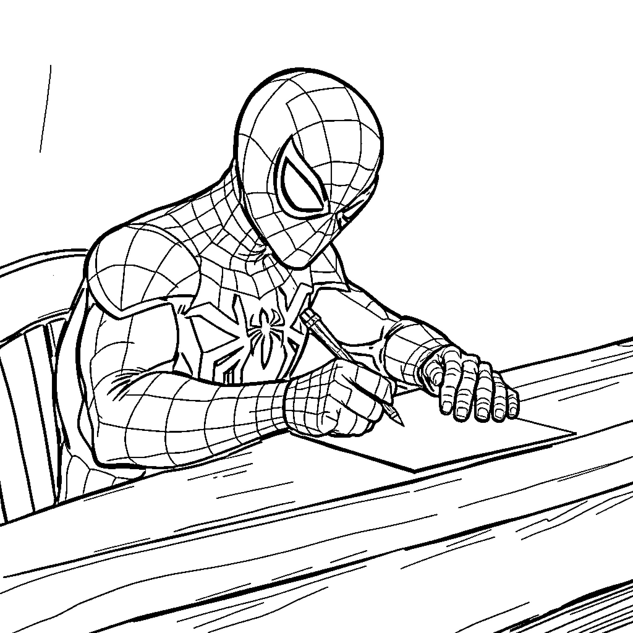 Spider-Man writing intently on a paper Coloring Page (free black-and-white line drawing printable PDF for all, from beginners to advanced learners, including children, teens, adults, and seniors)