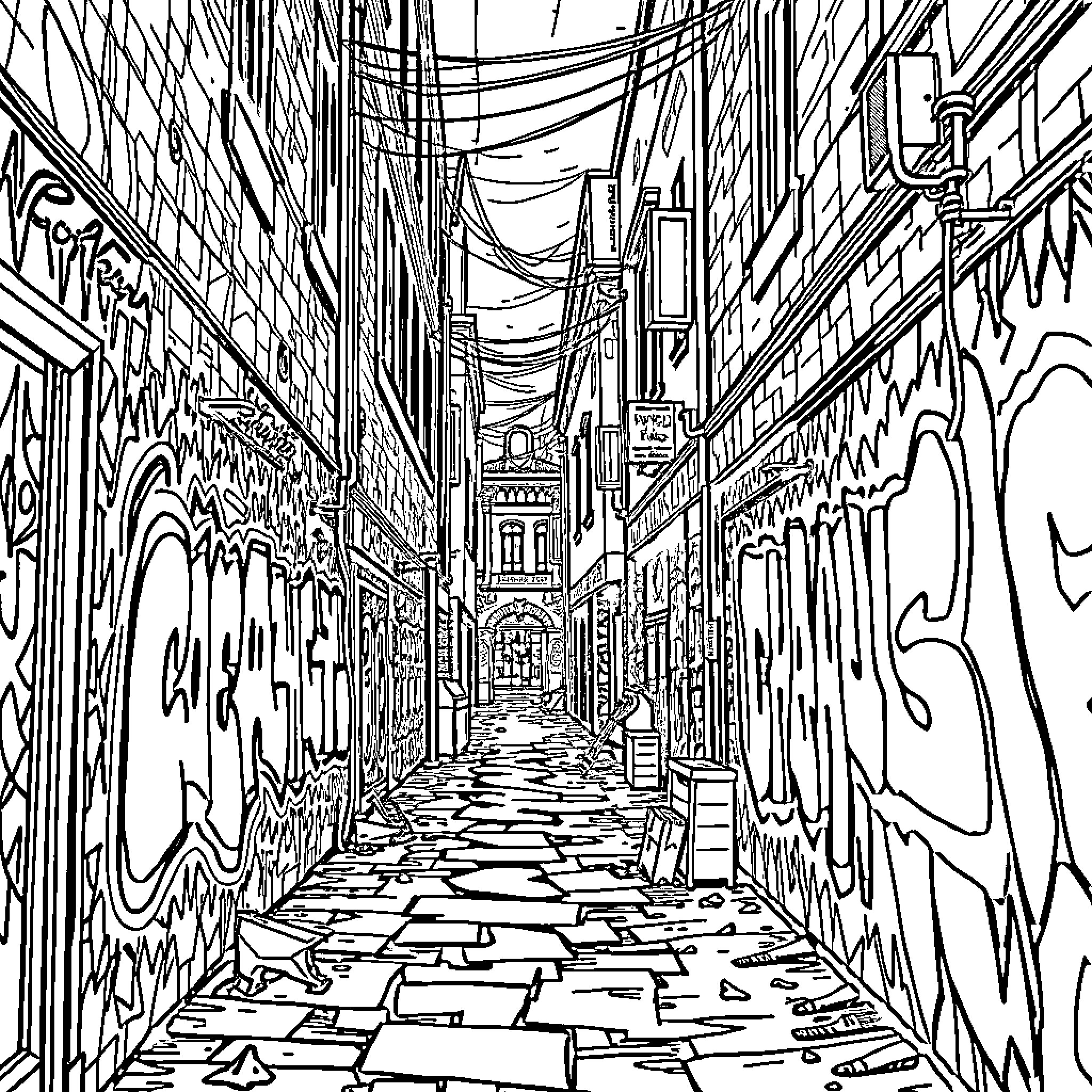 Graffiti-Filled Alley with Architectural Details Coloring Page (free black-and-white line drawing printable PDF for all, from beginners to advanced learners, including children, teens, adults, and seniors)