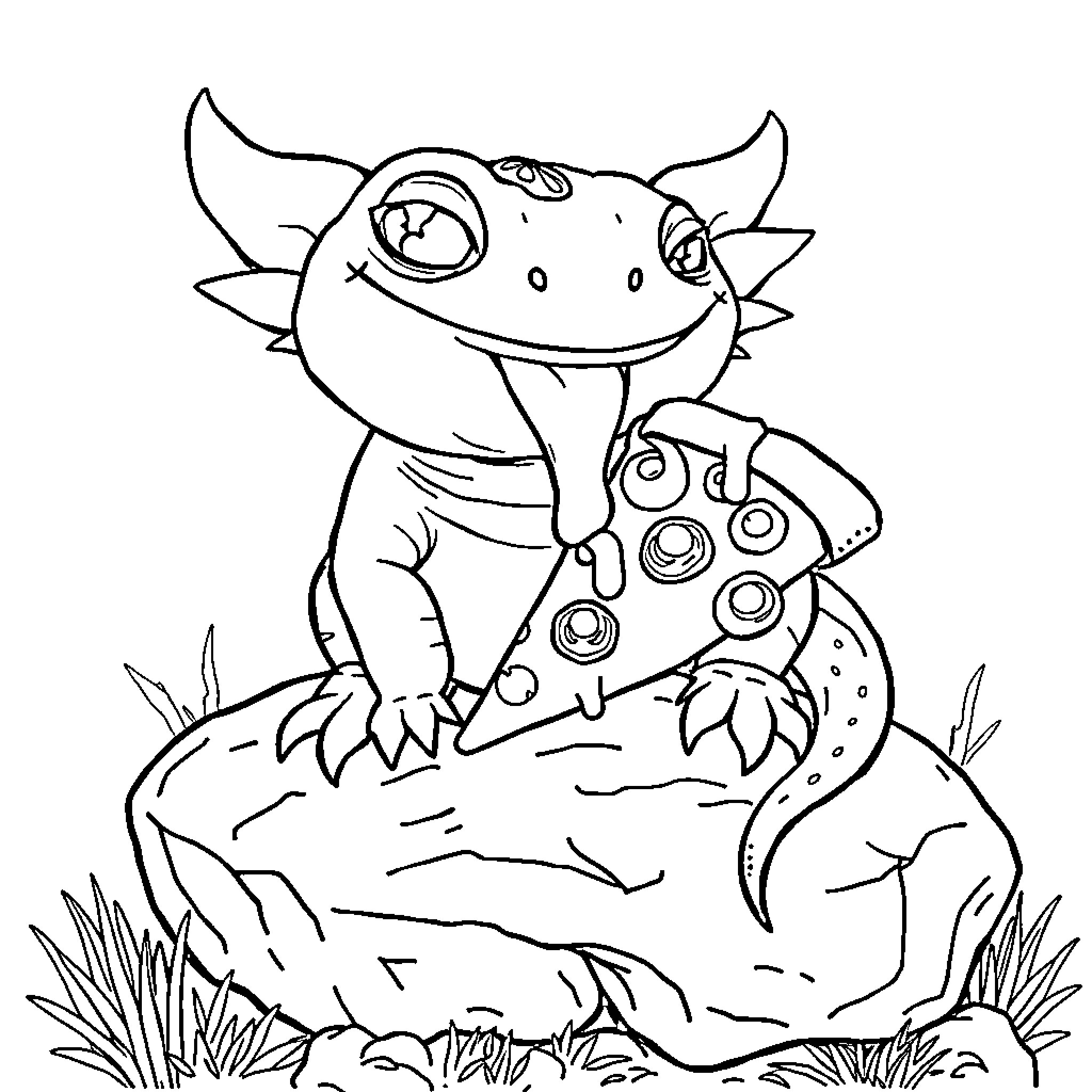 Axolotl exploring a nature scene Coloring Page (free black-and-white line drawing printable PDF for all, from beginners to advanced learners, including children, teens, adults, and seniors)