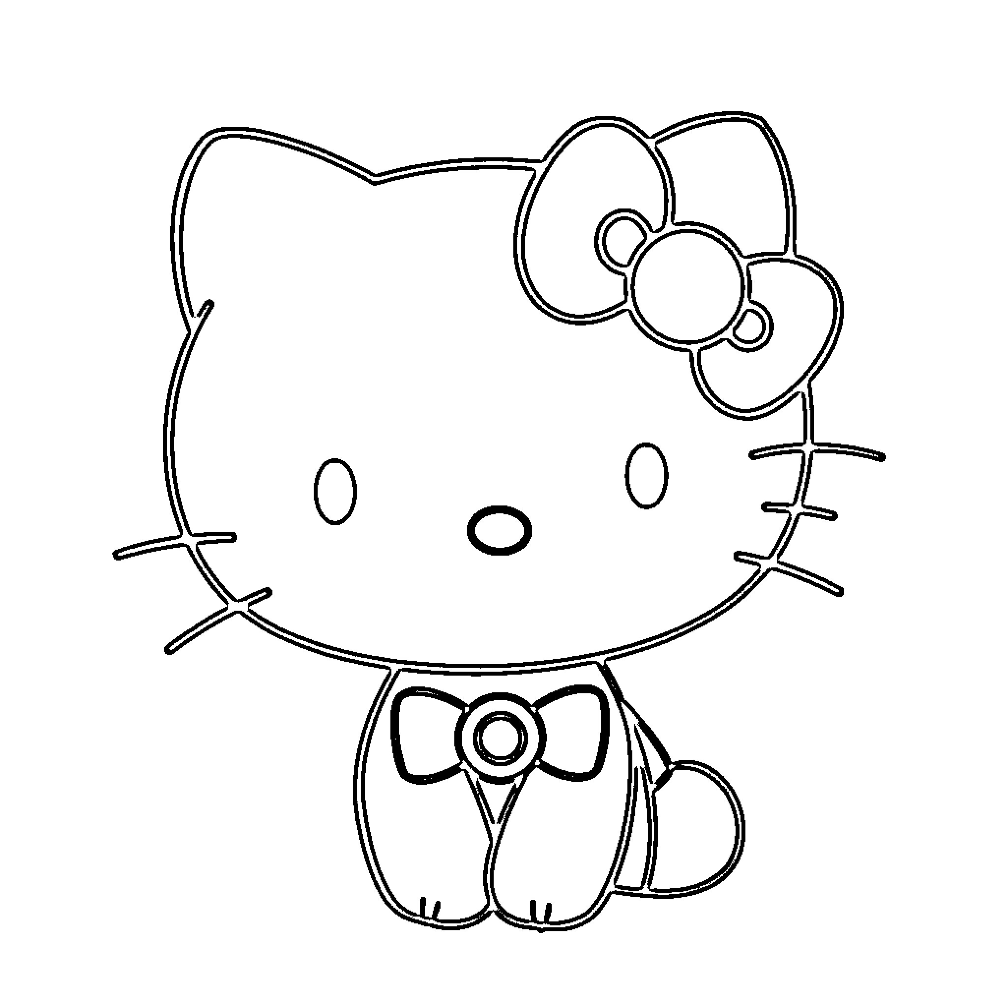 Hello Kitty sitting and smiling Coloring Page (free black-and-white line drawing printable PDF for all, from beginners to advanced learners, including children, teens, adults, and seniors)