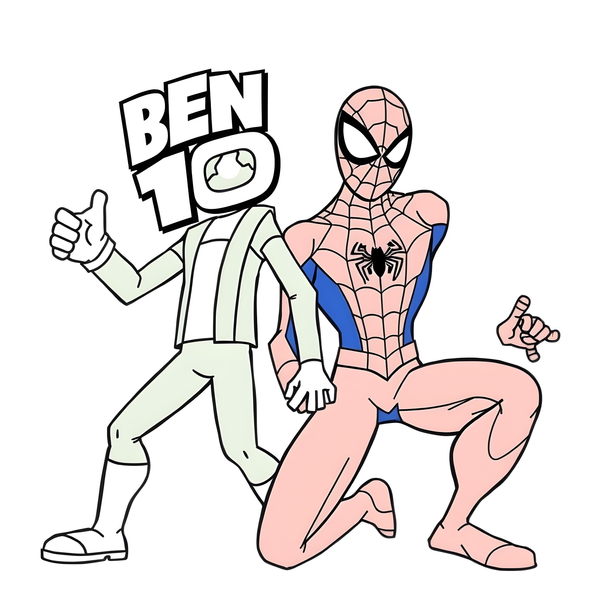 Ben 10 hero in action with Spiderman-like costume Coloring Page (free black-and-white line drawing printable PDF for all, from beginners to advanced learners, including children, teens, adults, and seniors)