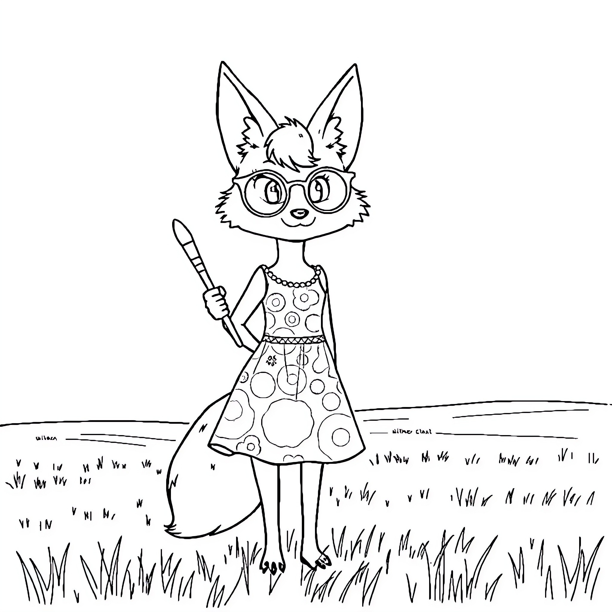 Fox wearing glasses and holding a pencil in nature Coloring Page (free black-and-white line drawing printable PDF for all, from beginners to advanced learners, including children, teens, adults, and seniors)