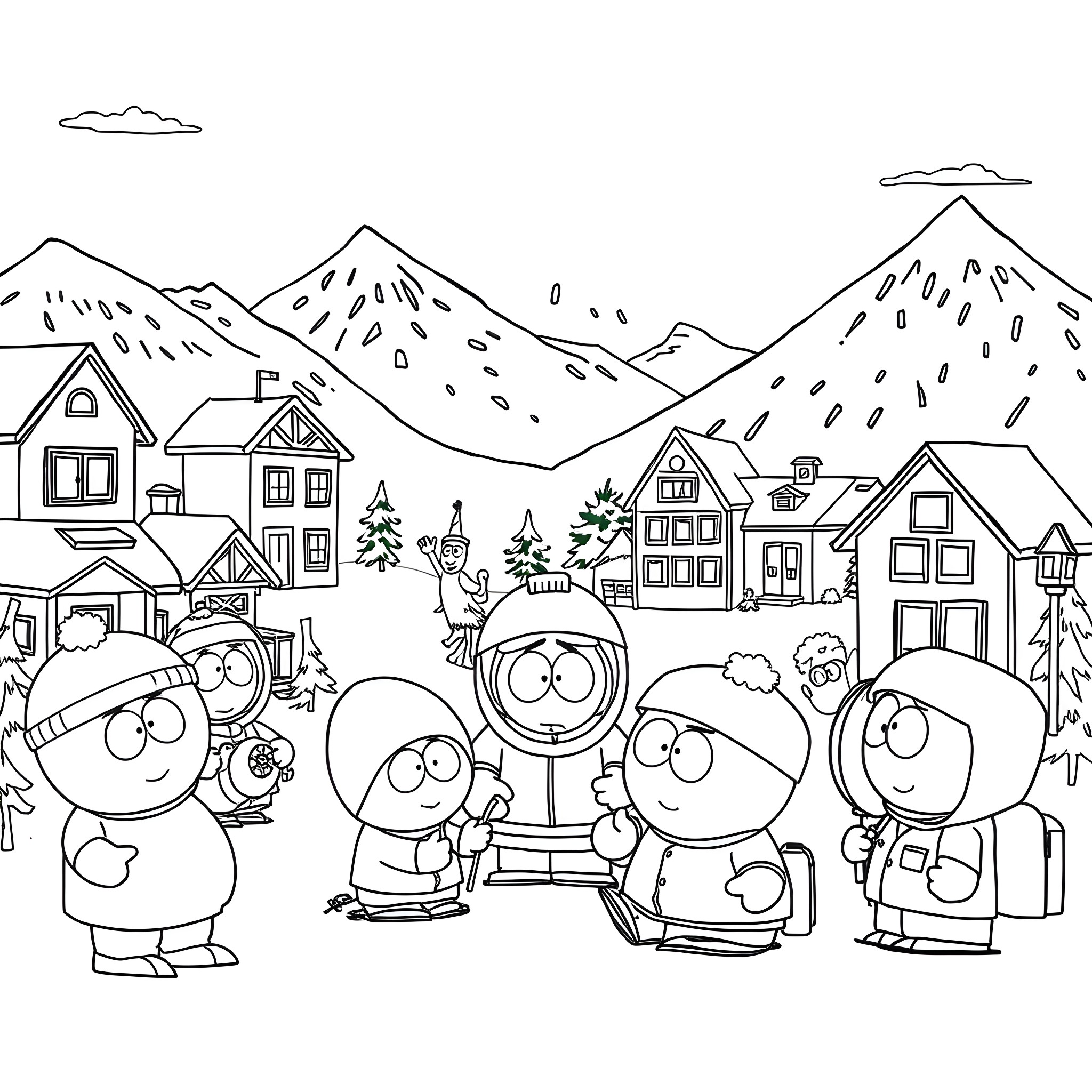 South Park Characters in Snowy Outdoor Adventure Coloring Page (free black-and-white line drawing printable PDF for all, from beginners to advanced learners, including children, teens, adults, and seniors)