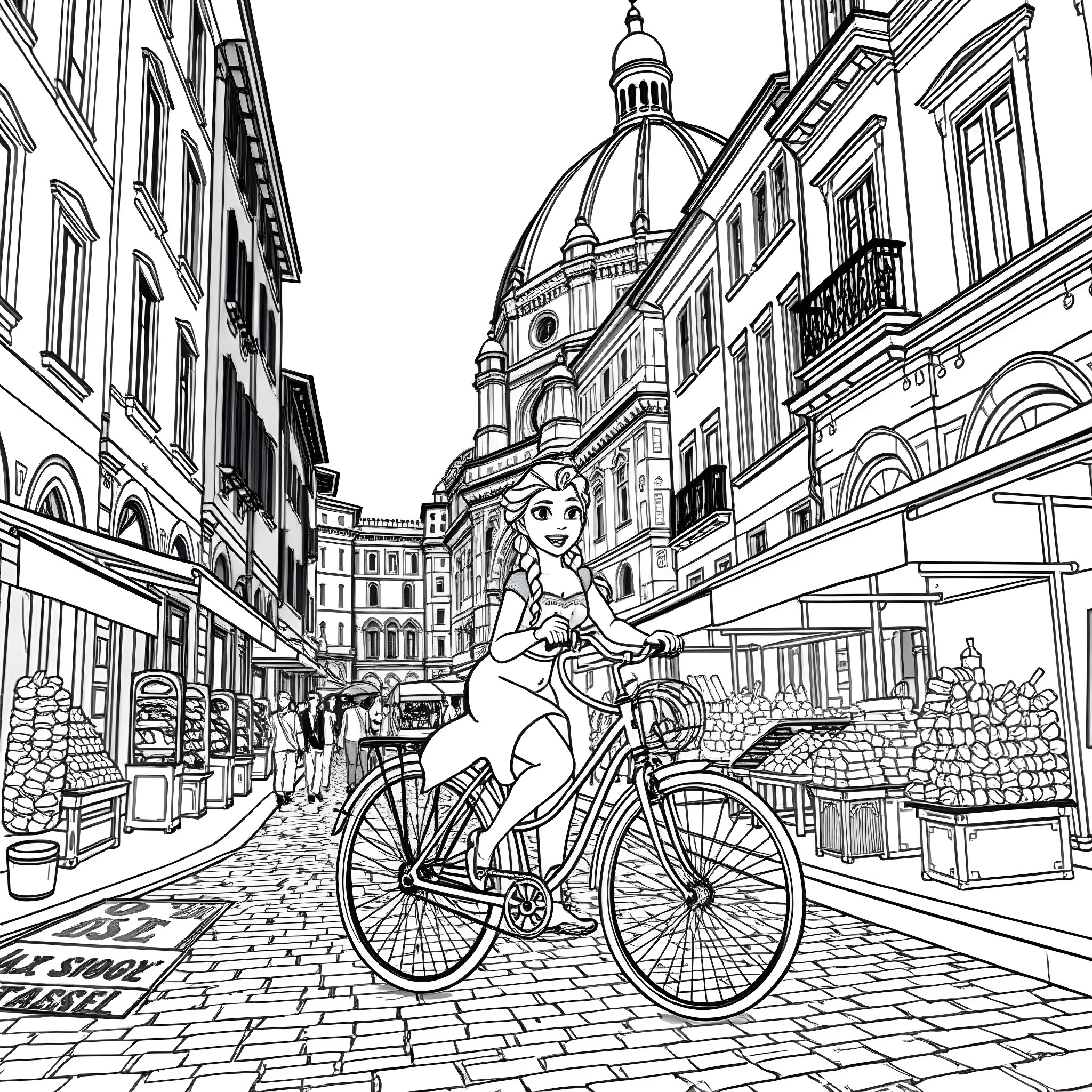 Elsa's Bicycle Adventure in the City Coloring Page (free black-and-white line drawing printable PDF for all, from beginners to advanced learners, including children, teens, adults, and seniors)