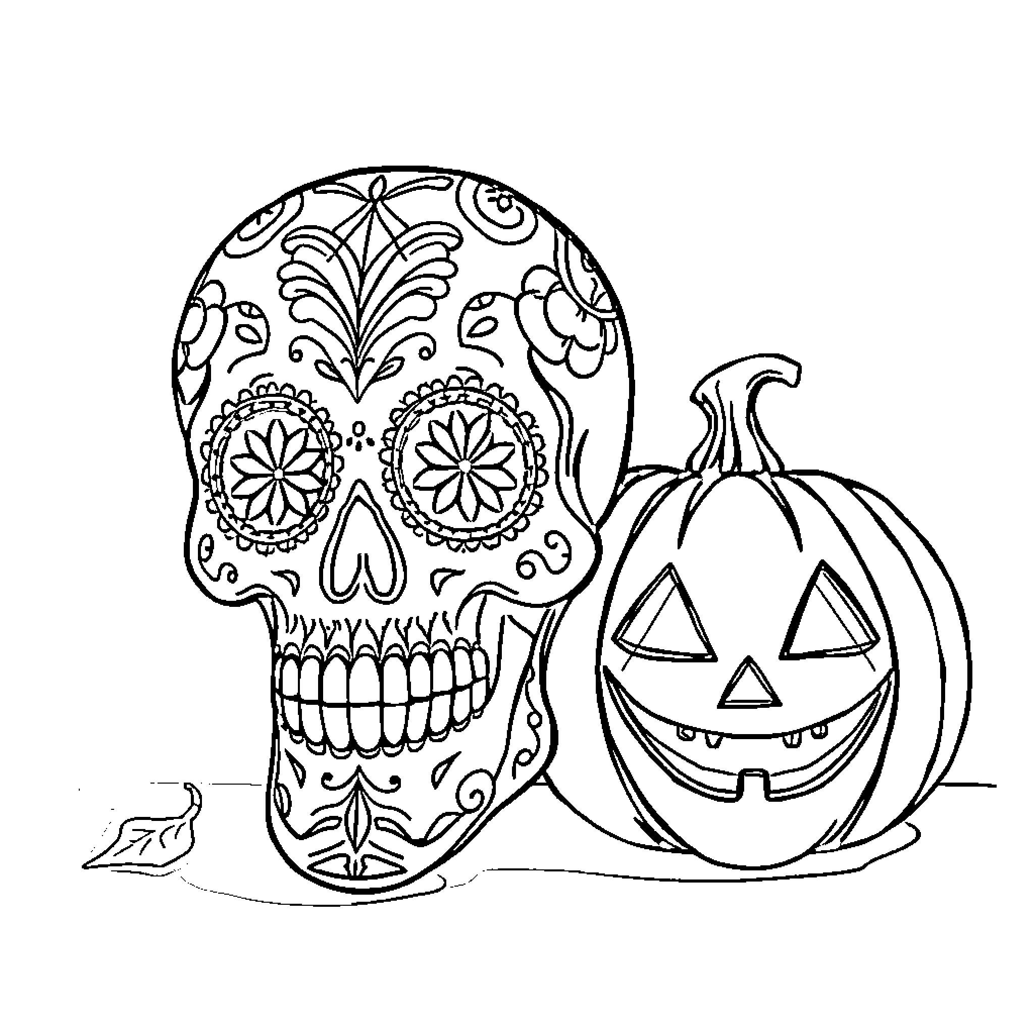 Sugar Skull Celebration with Jack-o'-lantern Coloring Page (free black-and-white line drawing printable PDF for all, from beginners to advanced learners, including children, teens, adults, and seniors)