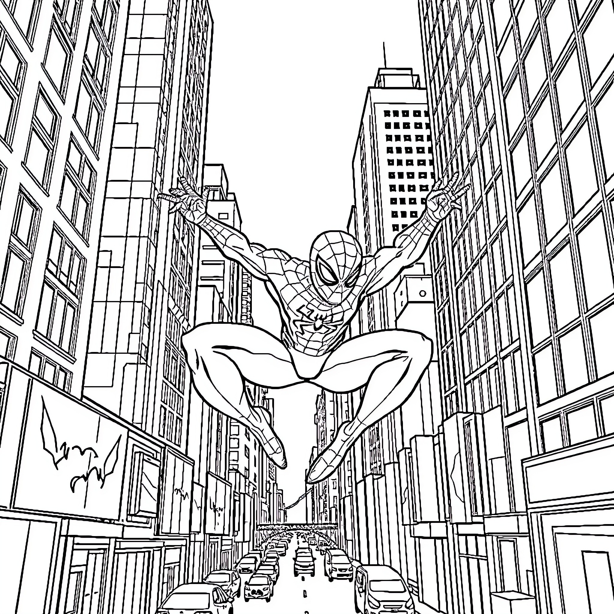Spiderman swinging through the city skyline Coloring Page (free black-and-white line drawing printable PDF for all, from beginners to advanced learners, including children, teens, adults, and seniors)