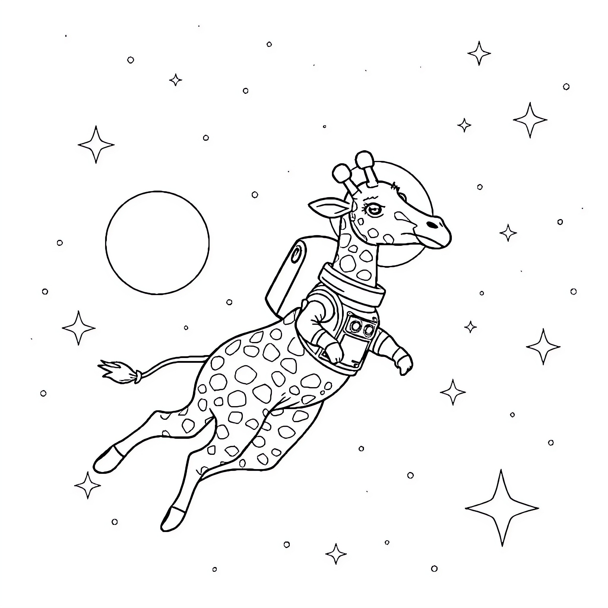 Giraffe soaring through cosmic landscape Coloring Page (free black-and-white line drawing printable PDF for all, from beginners to advanced learners, including children, teens, adults, and seniors)